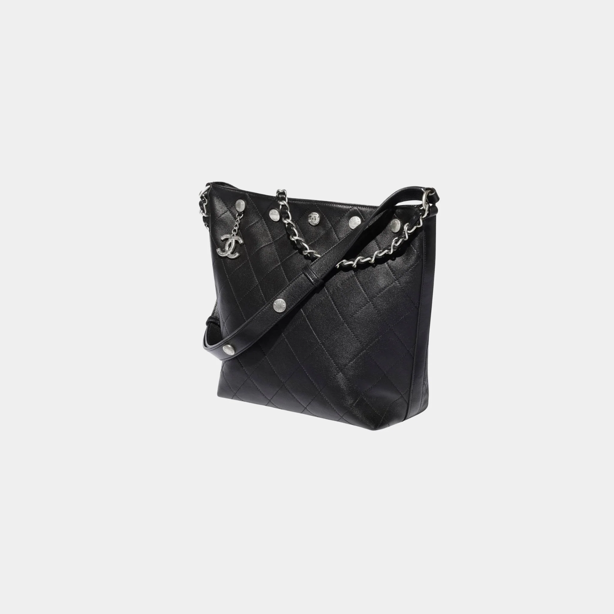 Large Bucket Bag Shiny Lambskin Silver Tone Metal Black - Image 2