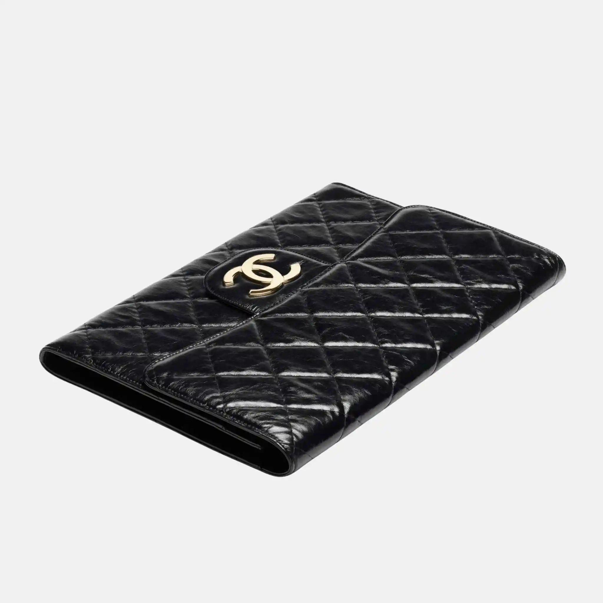 Large Clutch Shiny Crumpled Calfskin Gold Tone Metal - Image 3