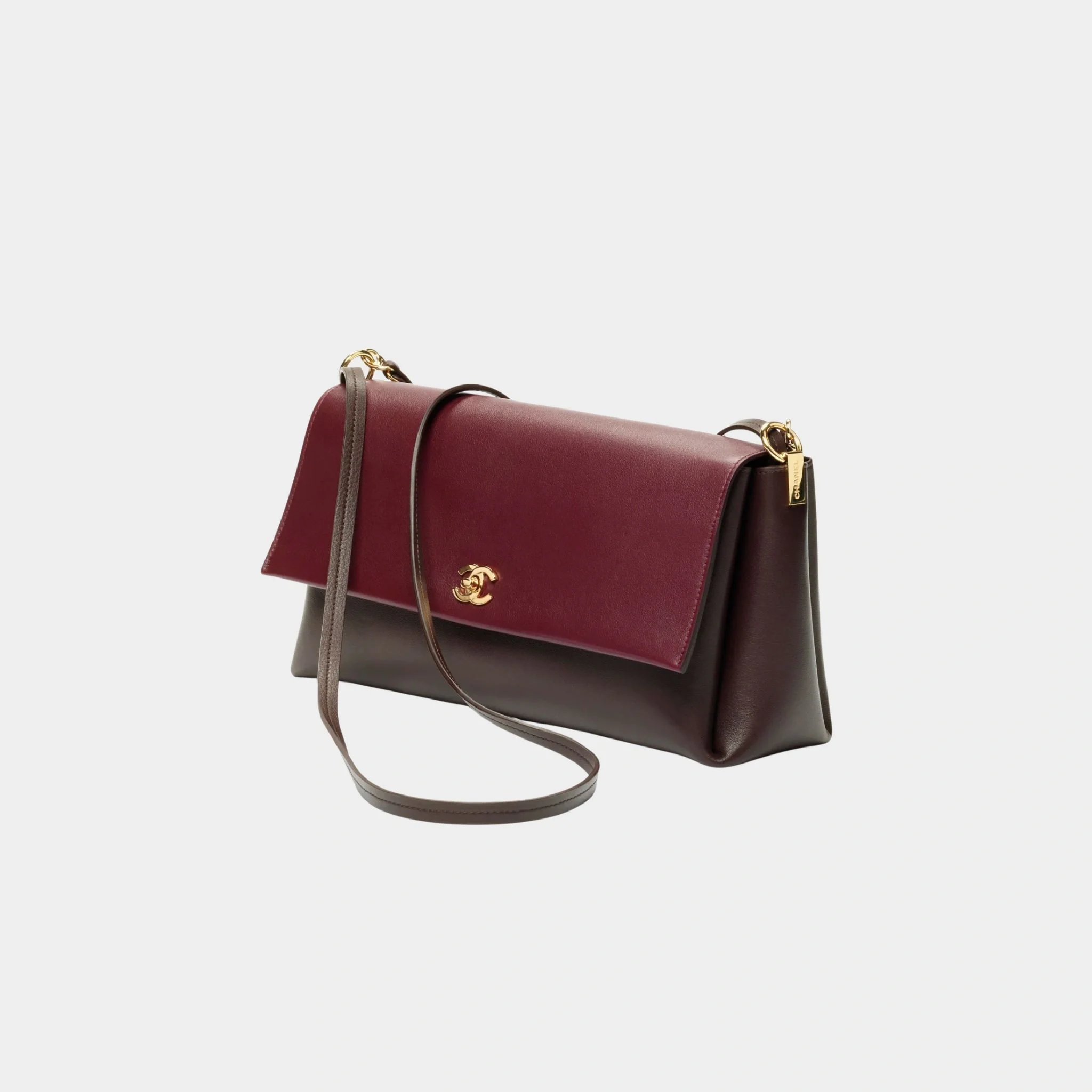 Large Flap Bag Calfskin & Gold-Plated Metal Dark Brown & Burgundy