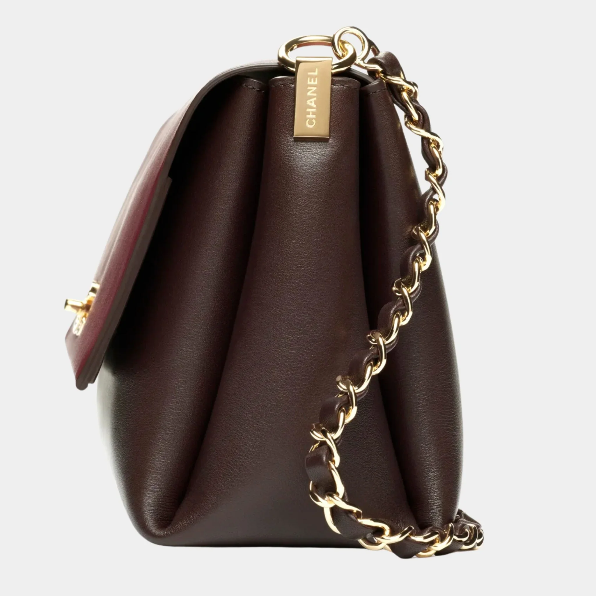 Large Flap Bag Calfskin & Gold-Plated Metal Dark Brown & Burgundy - Image 2