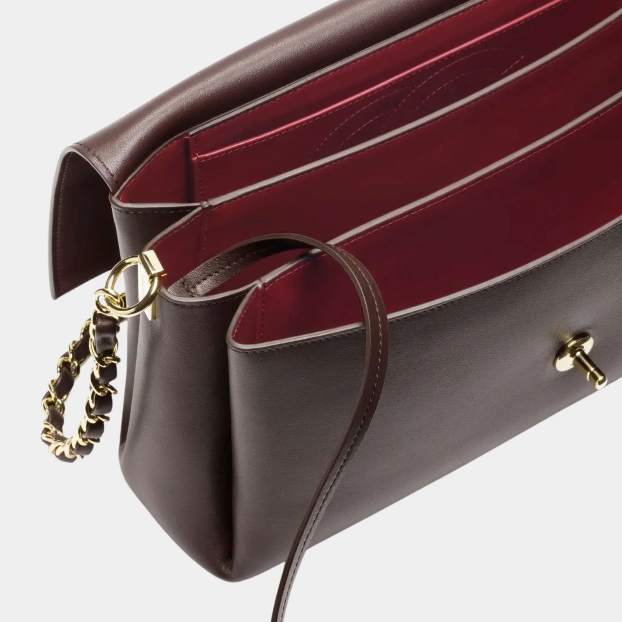 Large Flap Bag Calfskin & Gold-Plated Metal Dark Brown & Burgundy - Image 3