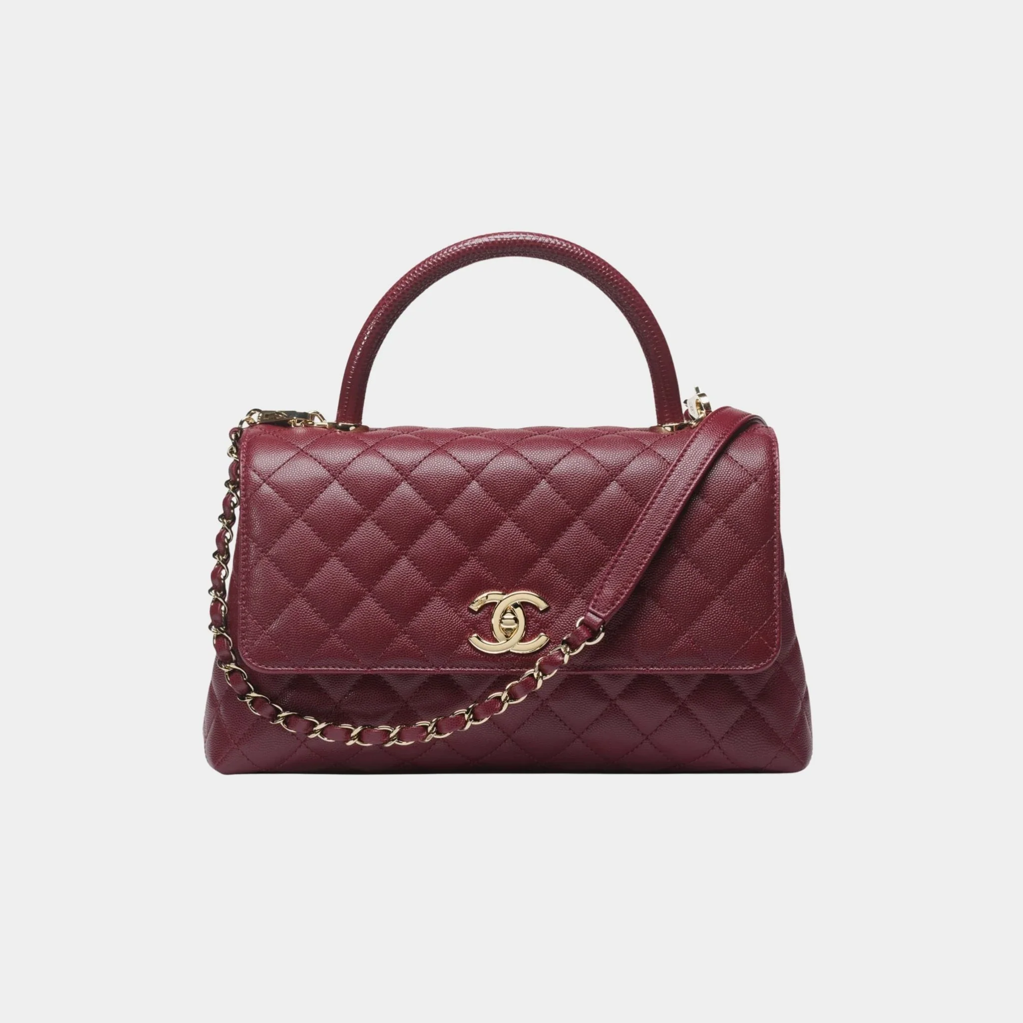 Large Flap Bag With Top Handle Grained Calfskin Lizard Embossed Calfskin & Gold Metal