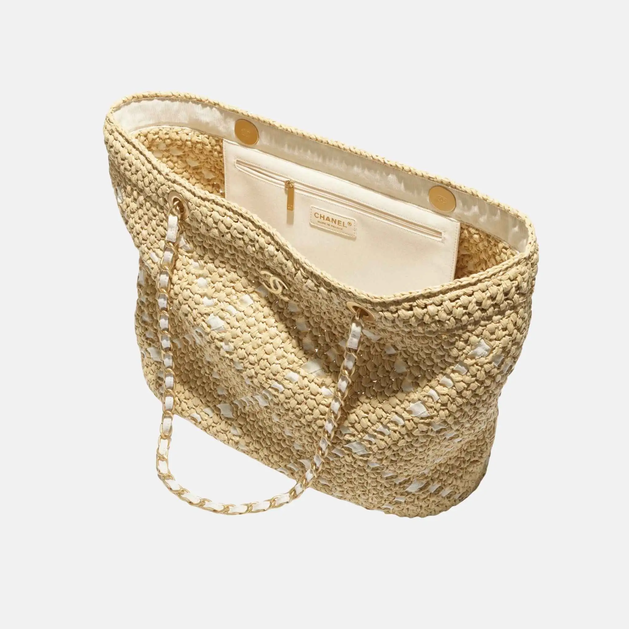 Large Tote Braided Raffia Cotton Grosgain Ribbon & gold tone metal - Image 2