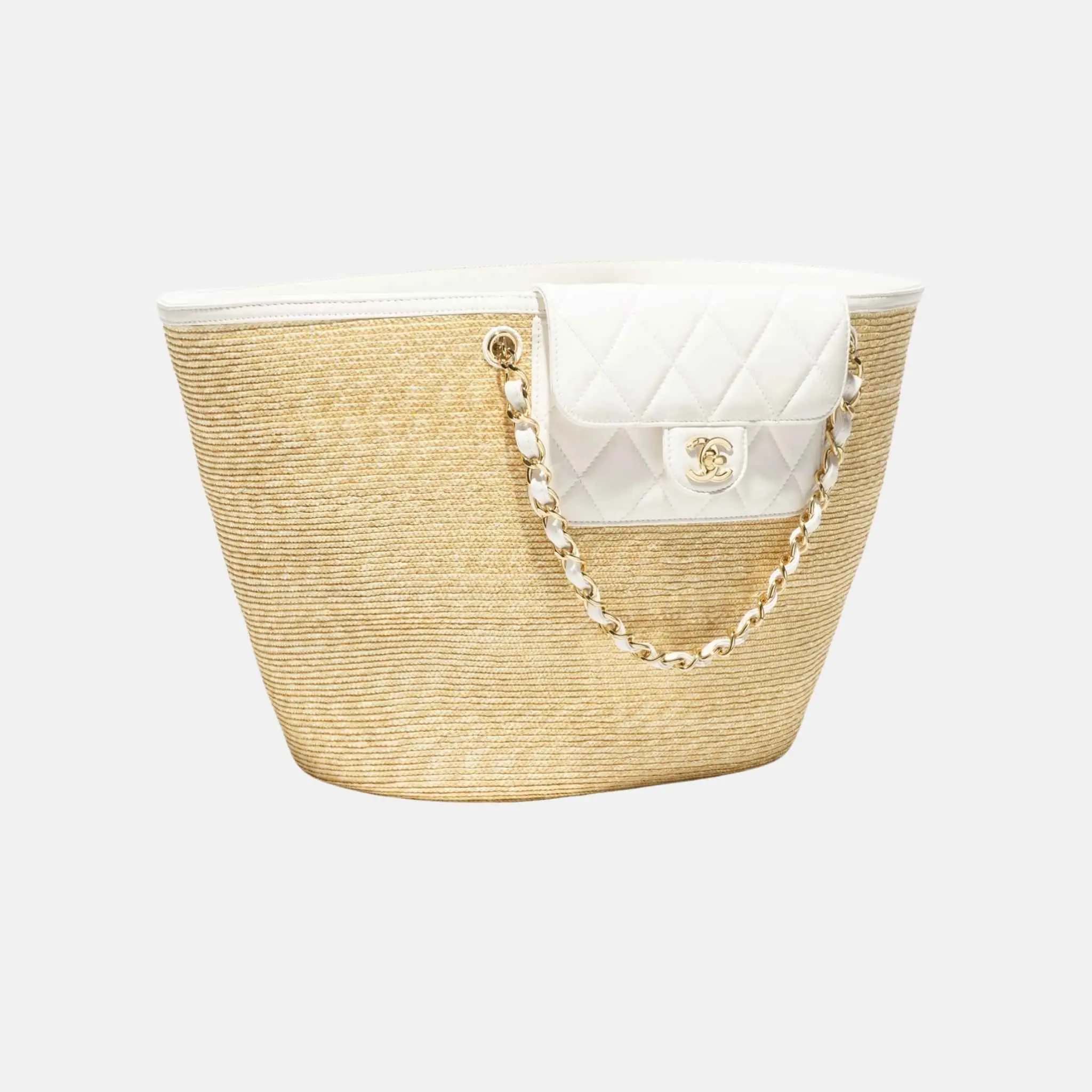 Large Tote Braided Straw Lambskin Gold Tone Metal - Image 2
