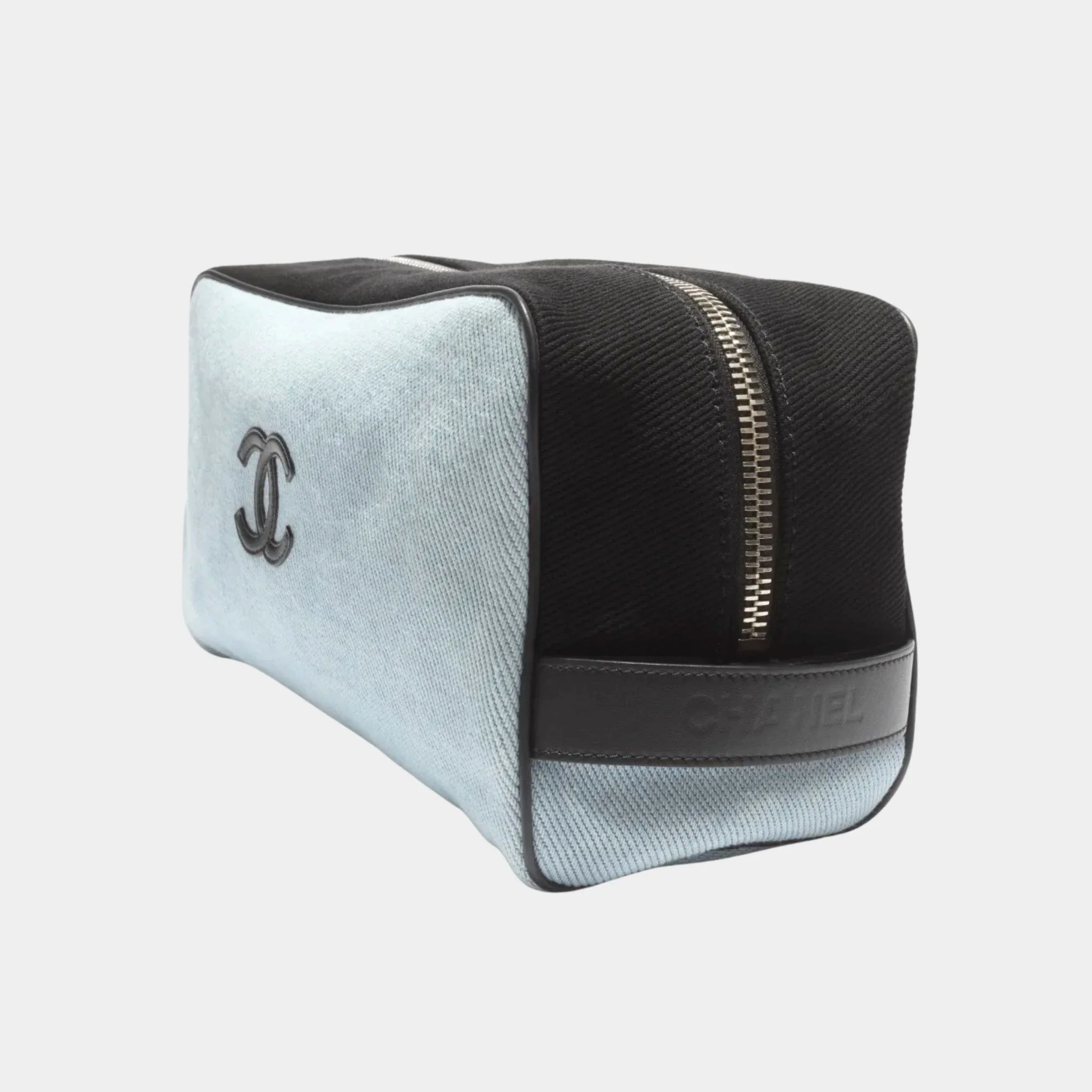 Large Zippered Pouch Canvas Calfskin & Silver-Plated Metal - Image 2