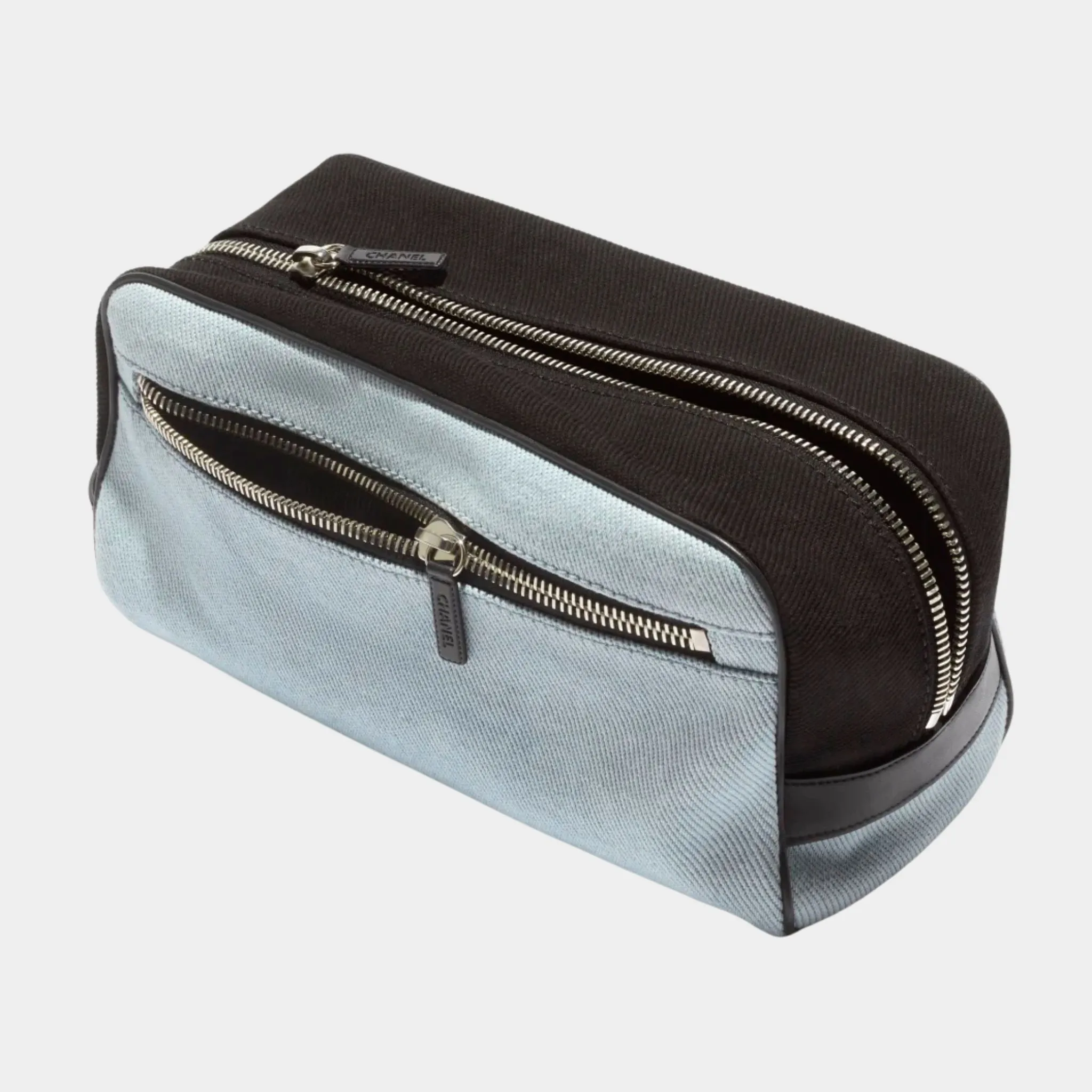 Large Zippered Pouch Canvas Calfskin & Silver-Plated Metal - Image 3