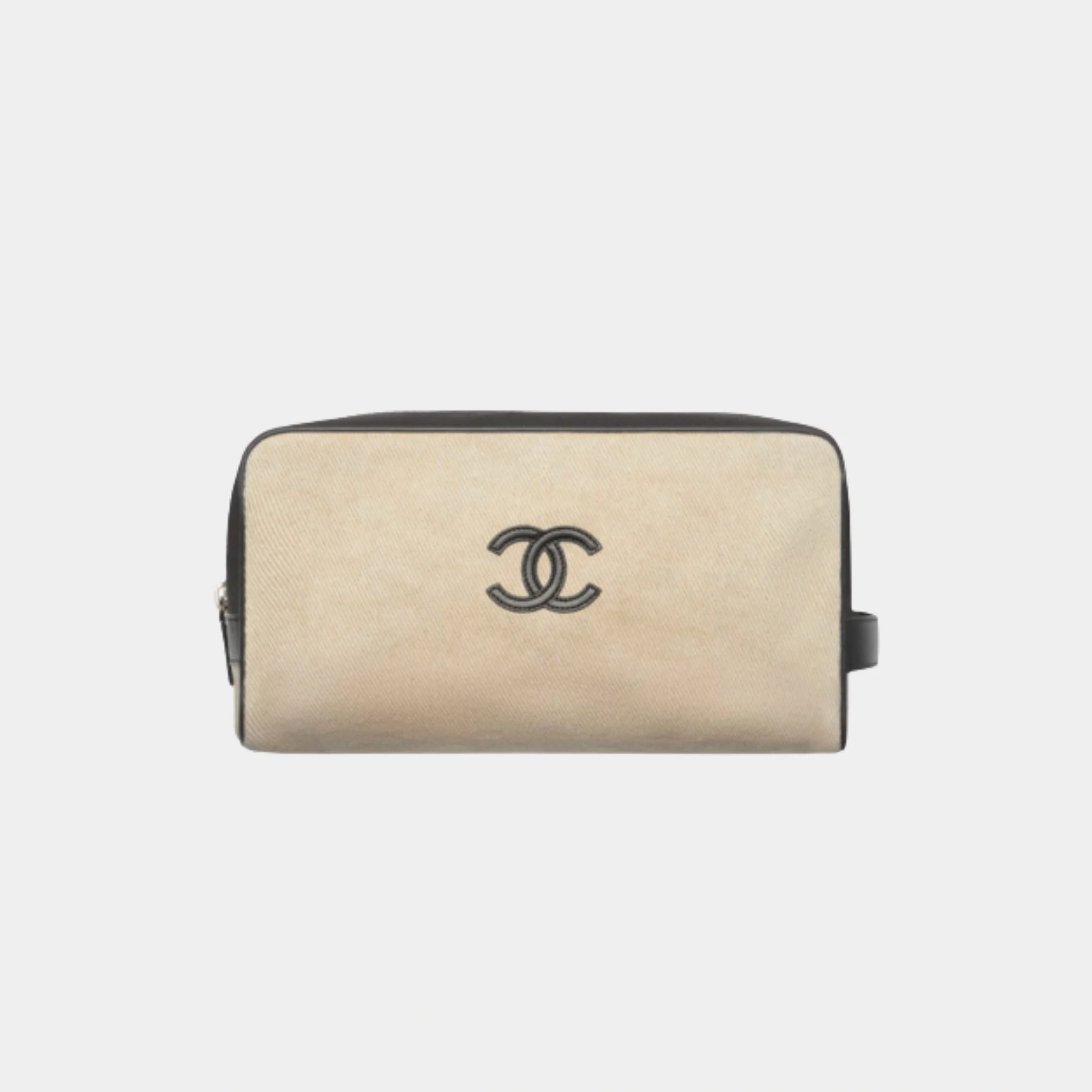 Large Zippered Pouch Canvas Calfskin & Silver-Plated Metal - Image 4