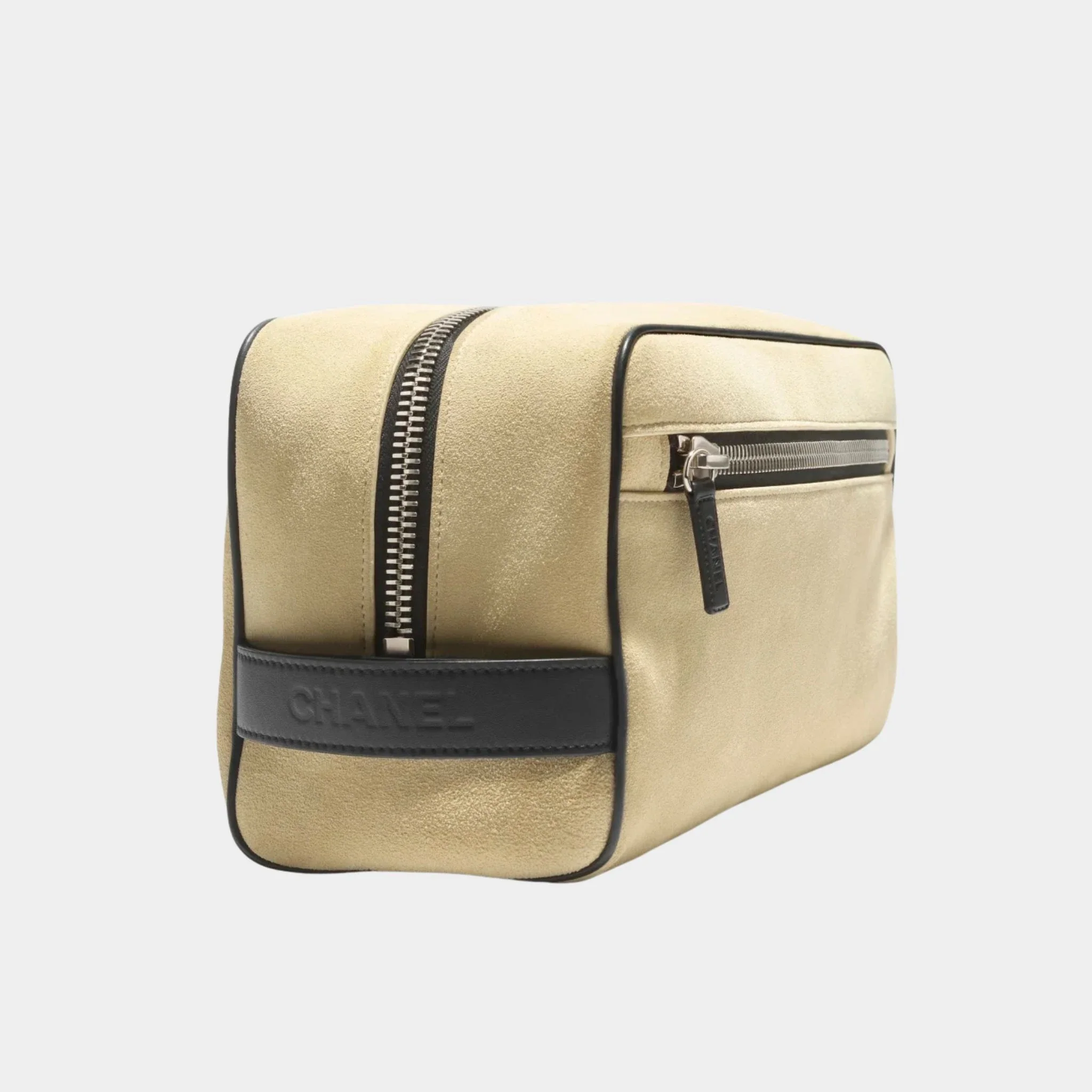 Large Zippered Pouch Suede Calfskin & Silver-Plated Metal Beige - Image 2