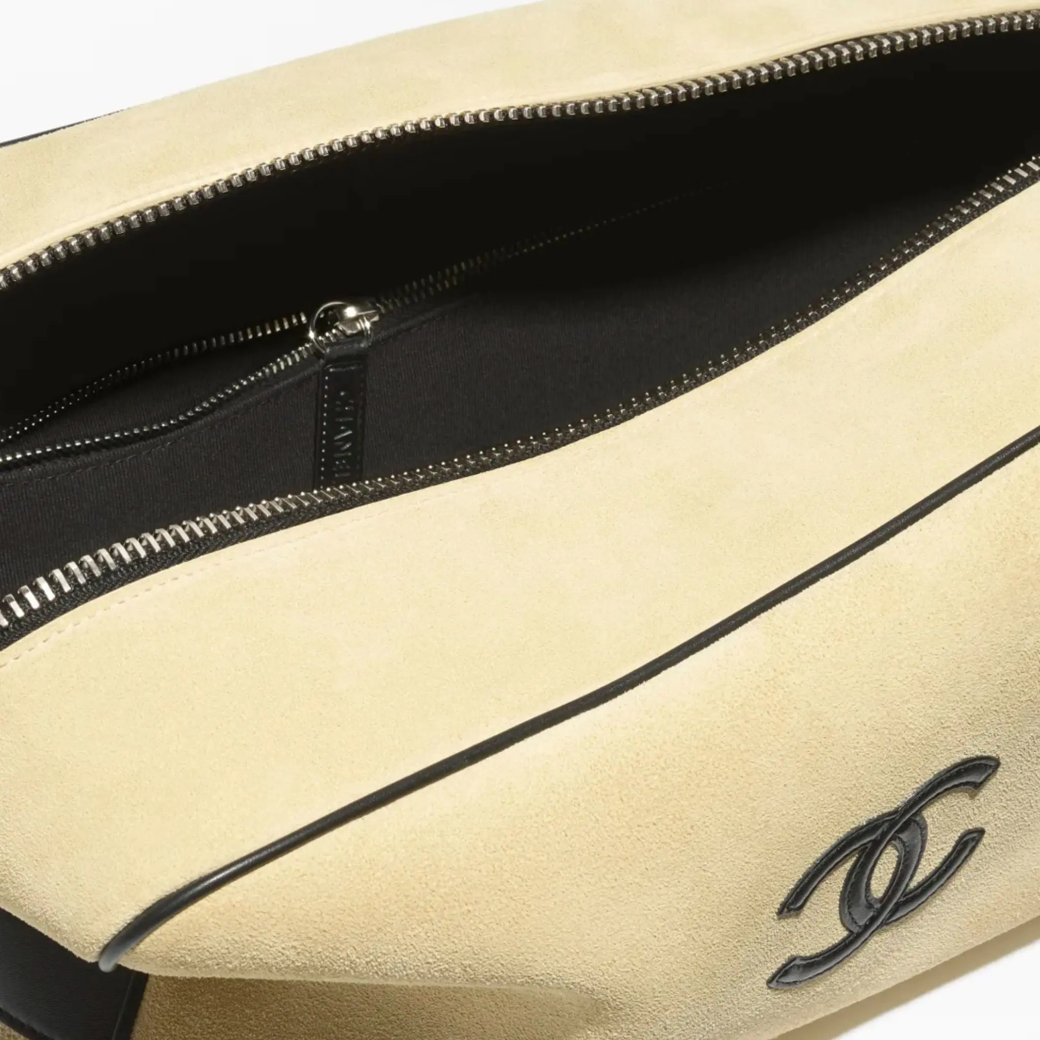 Large Zippered Pouch Suede Calfskin & Silver-Plated Metal Beige - Image 3
