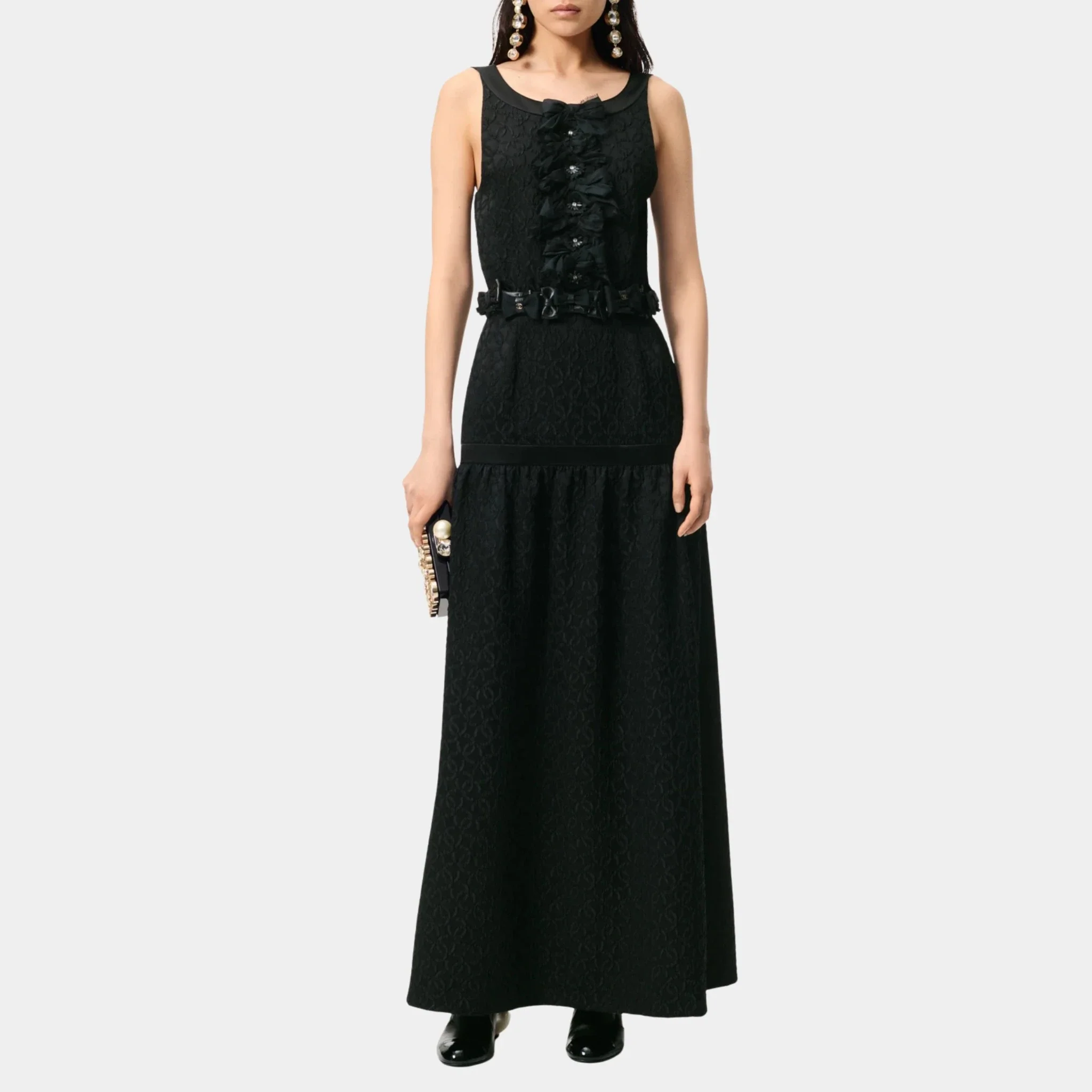 Long Dress Jacquard Silk Crepe Embroidered with Pearls