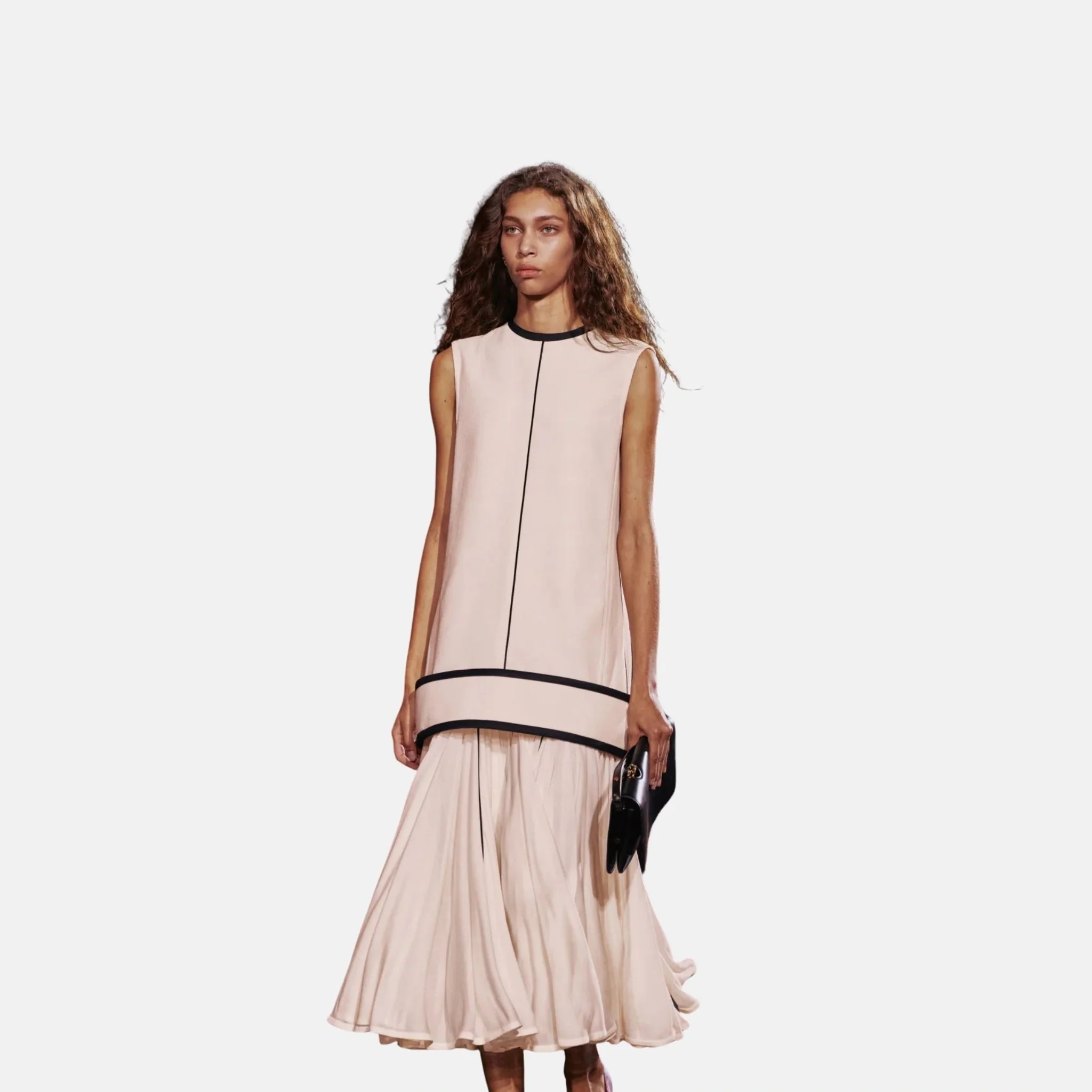 Long Dress Wool Double Crepe Ecru Black