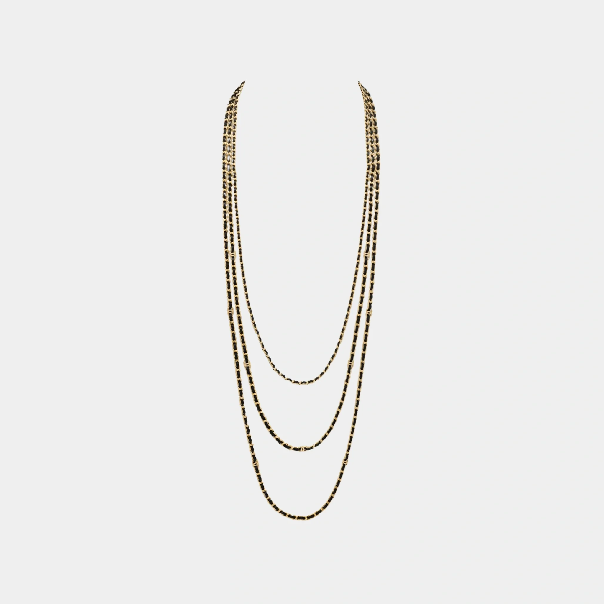 Long Layered Necklace in Gold Metal & Black Lambskin