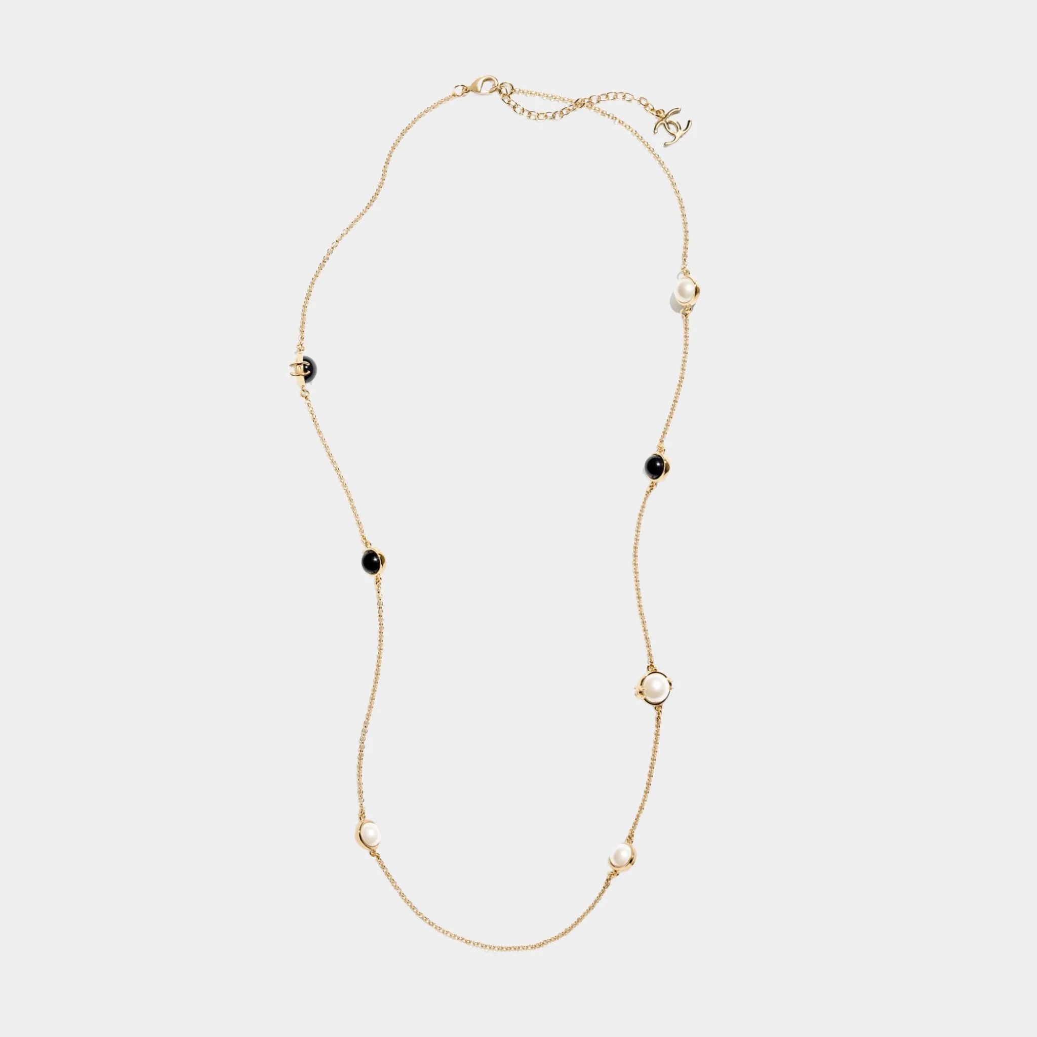 Long Necklace Metal & Resin Gold Black & Pearly White