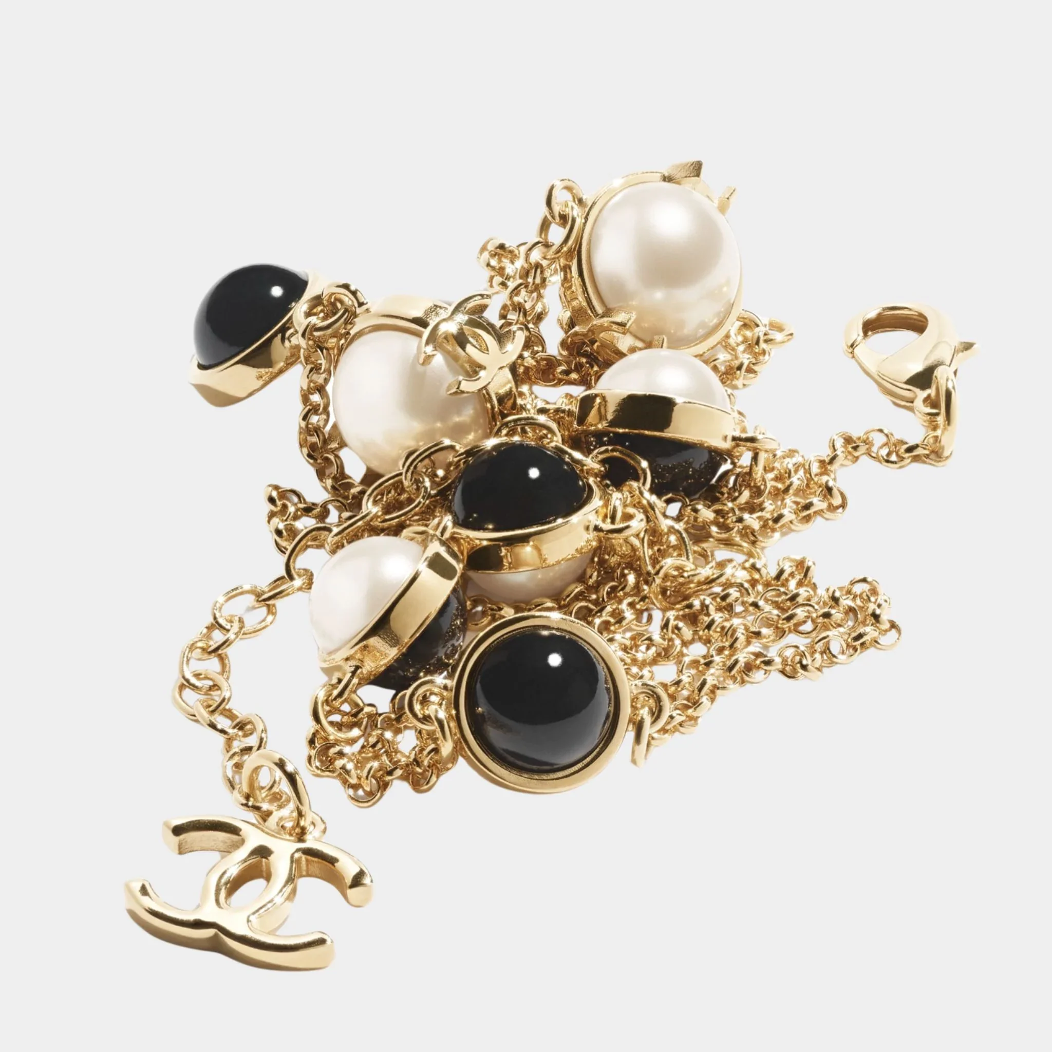 Long Necklace Metal & Resin Gold Black & Pearly White - Image 2
