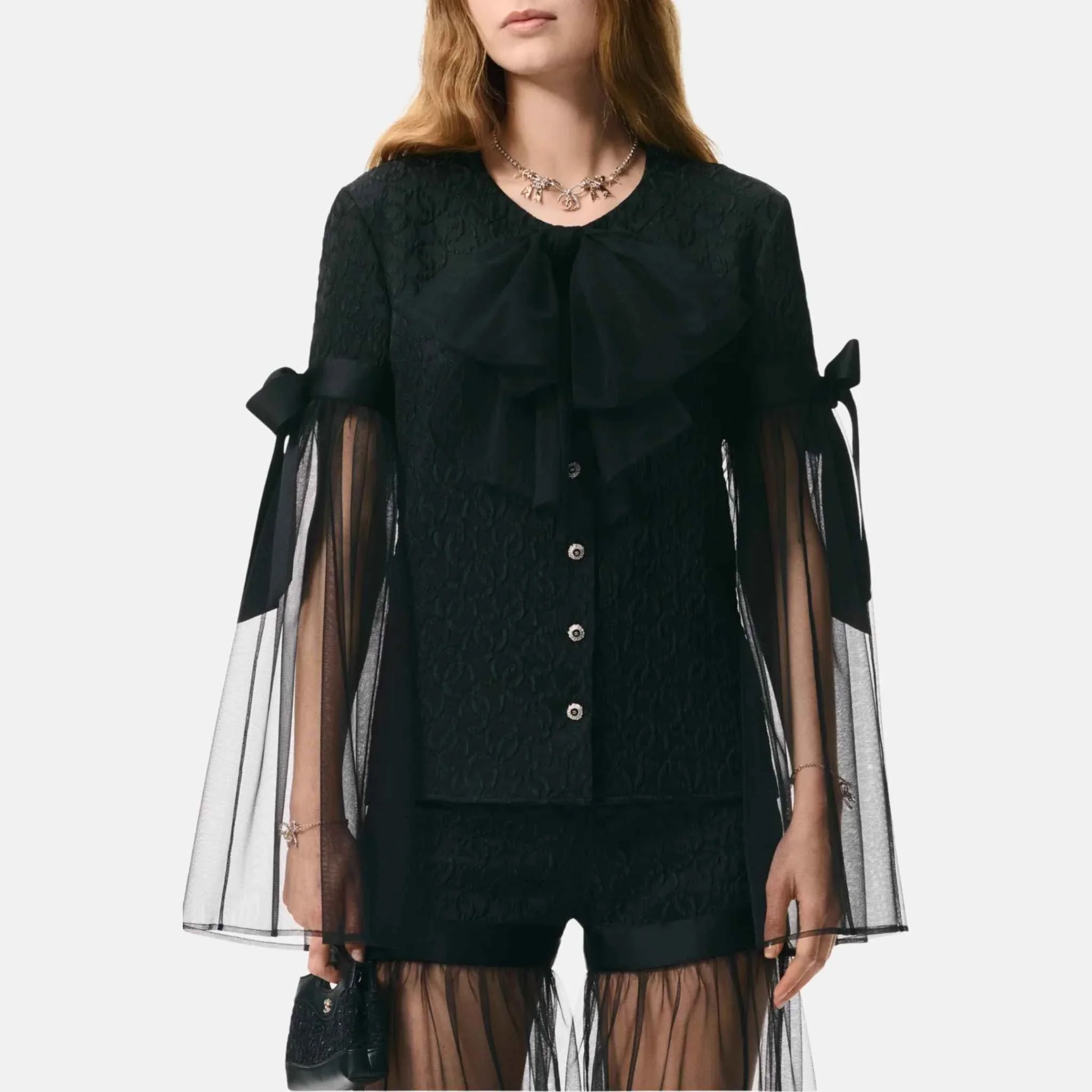 Long Sleeved Blouse Silk Crepe Jacquard