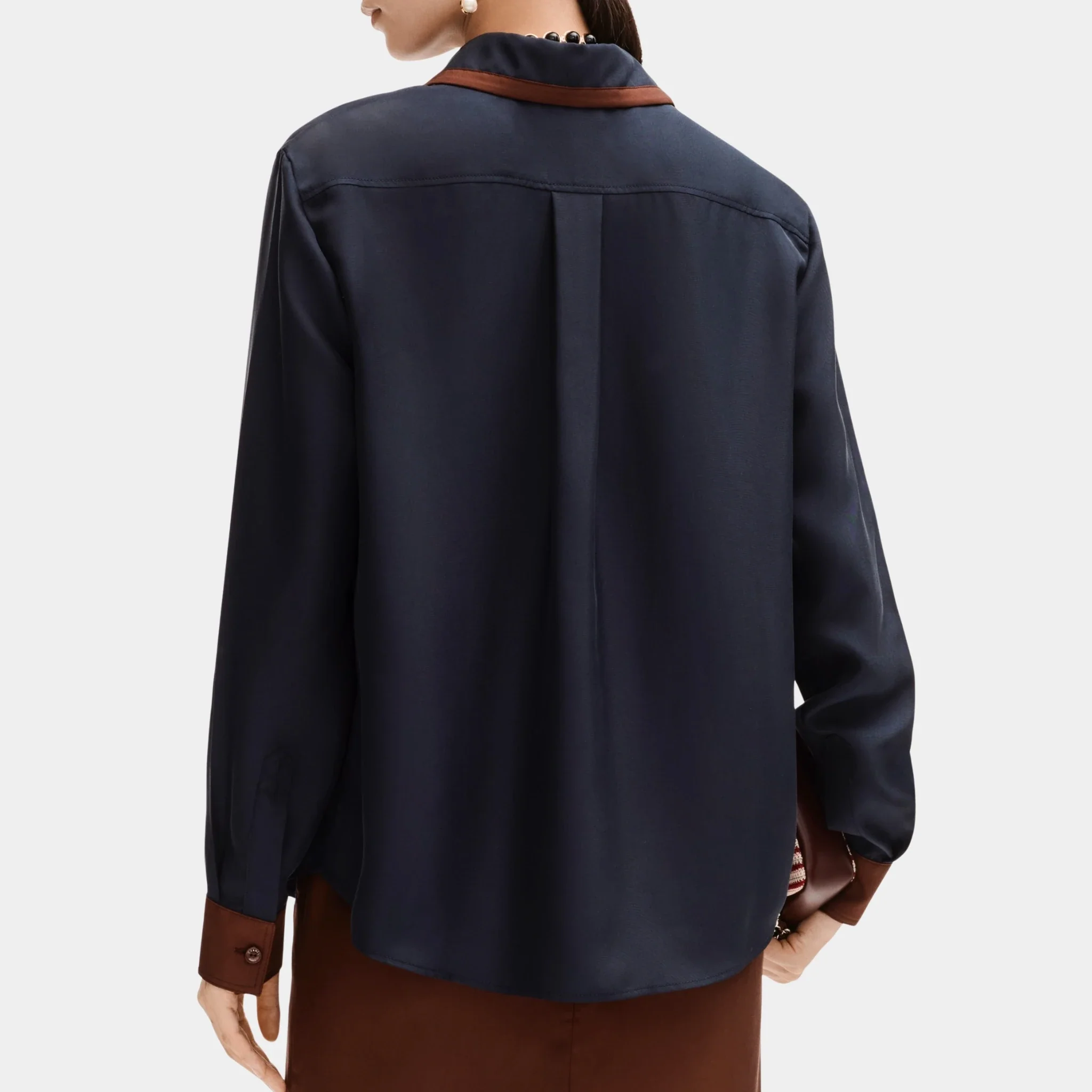 Long Sleeved Shirt in Navy Blue Silk Twill - Image 2