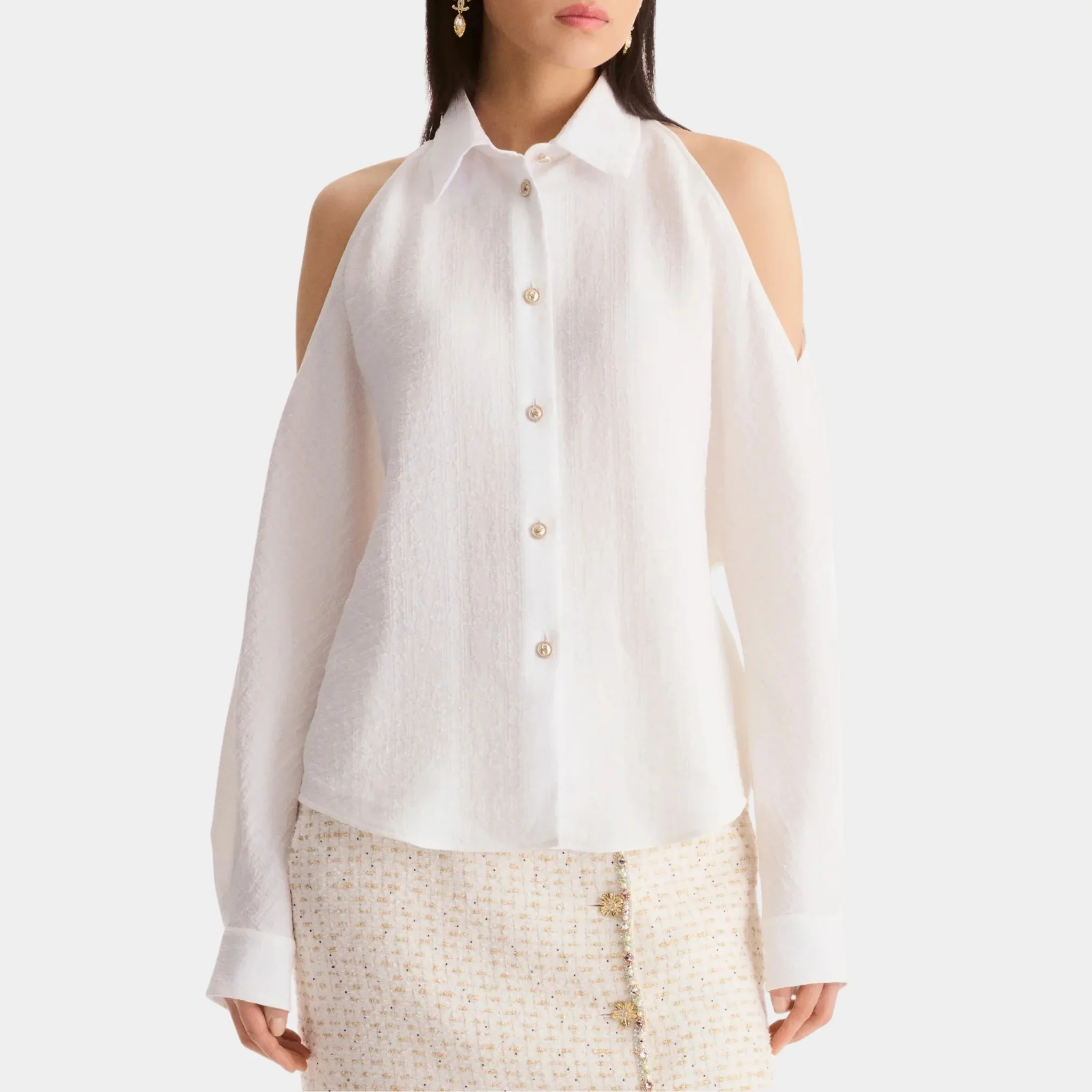 Long-sleeved Shirt in White Silk Jacquard
