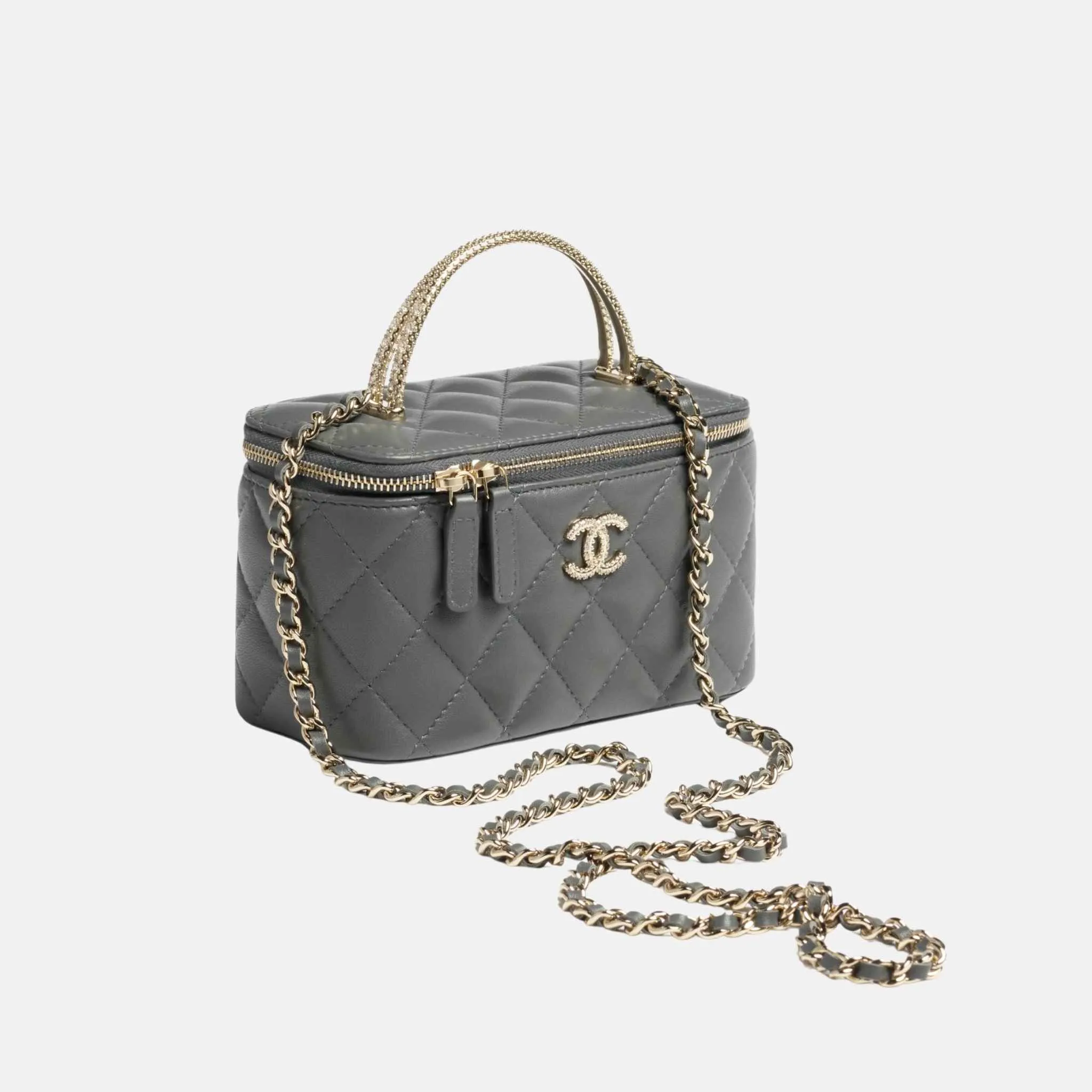 Long Vanity Case with Chain in Lambskin and Rhinestones