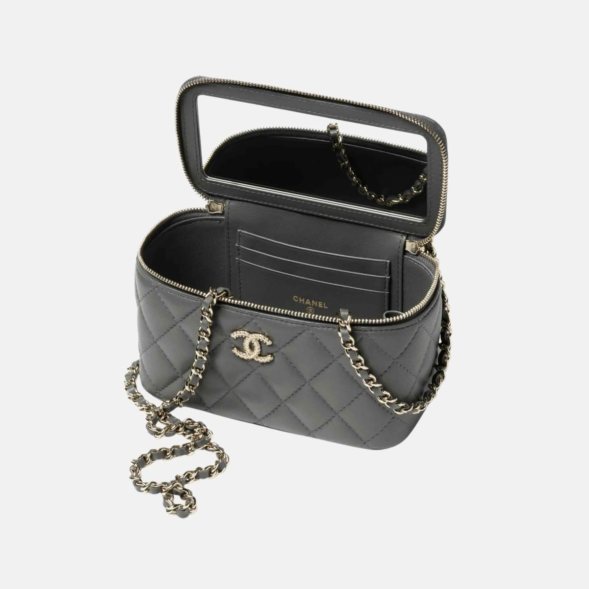 Long Vanity Case with Chain in Lambskin and Rhinestones - Image 2