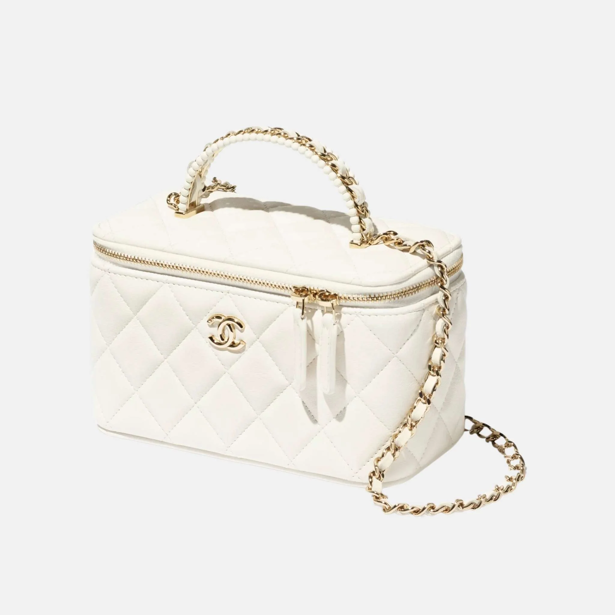 Long Vanity With Chain In Lambskin & Pearls White