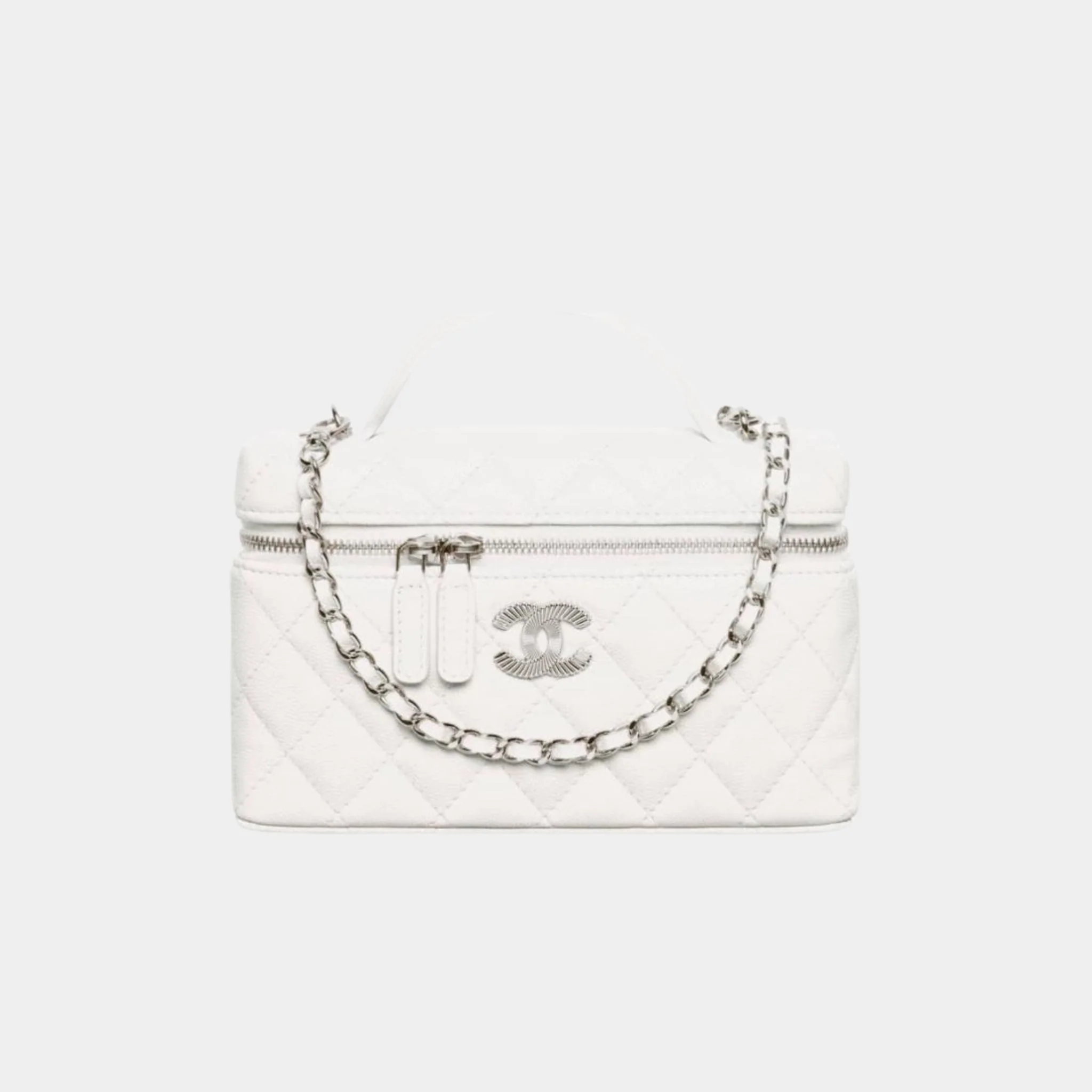 Long Vanity with Chain in Shiny Grained Calfskin and Silver Tone Metal