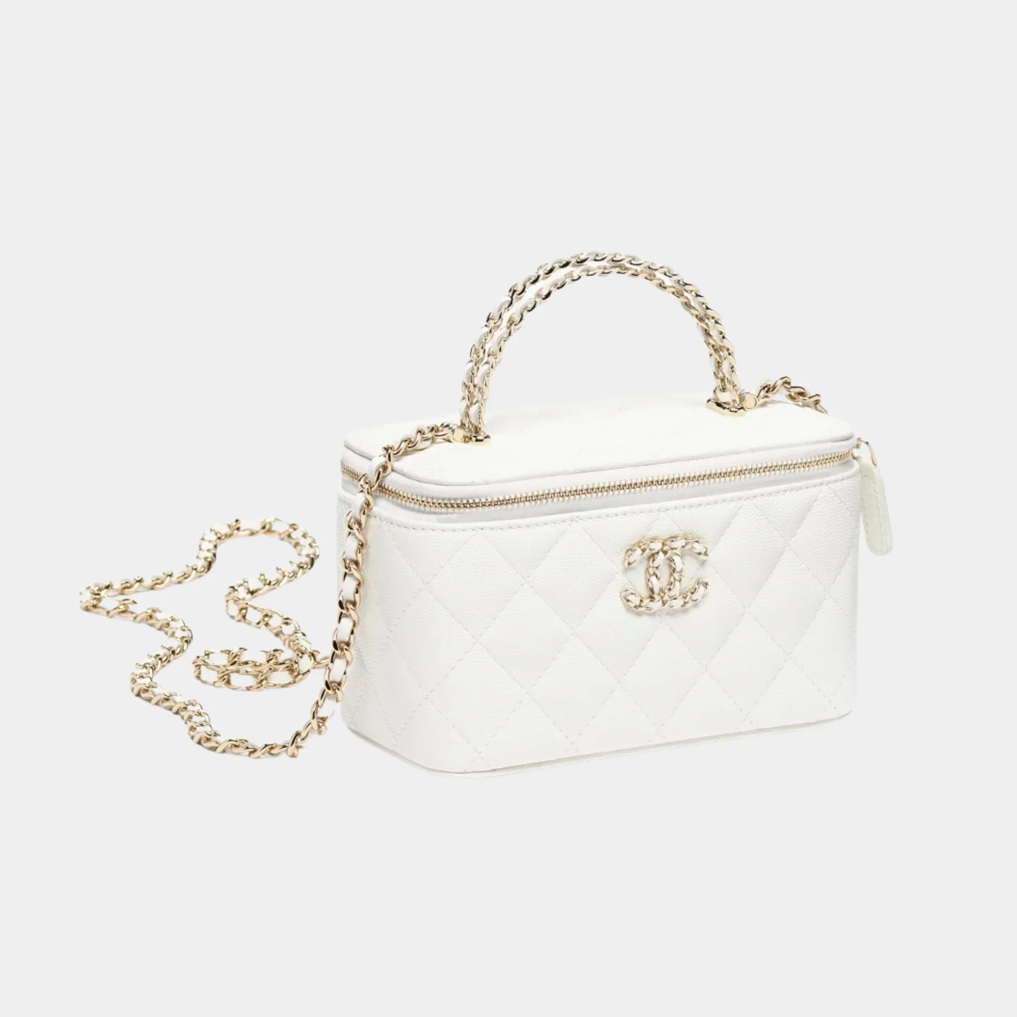 Long Vanity with Chain White Grained Shiny Calfskin & Gold-Tone Metal