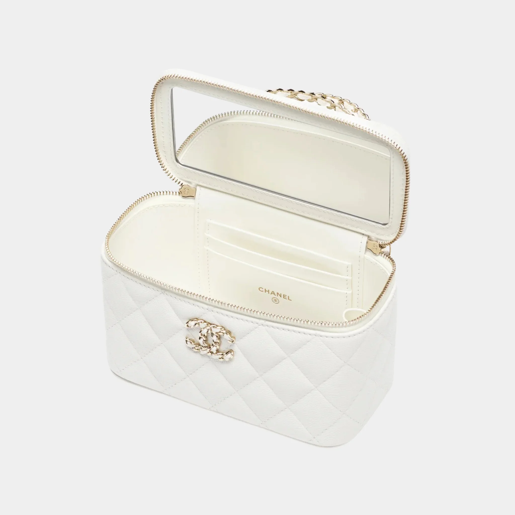 Long Vanity with Chain White Grained Shiny Calfskin & Gold-Tone Metal - Image 2
