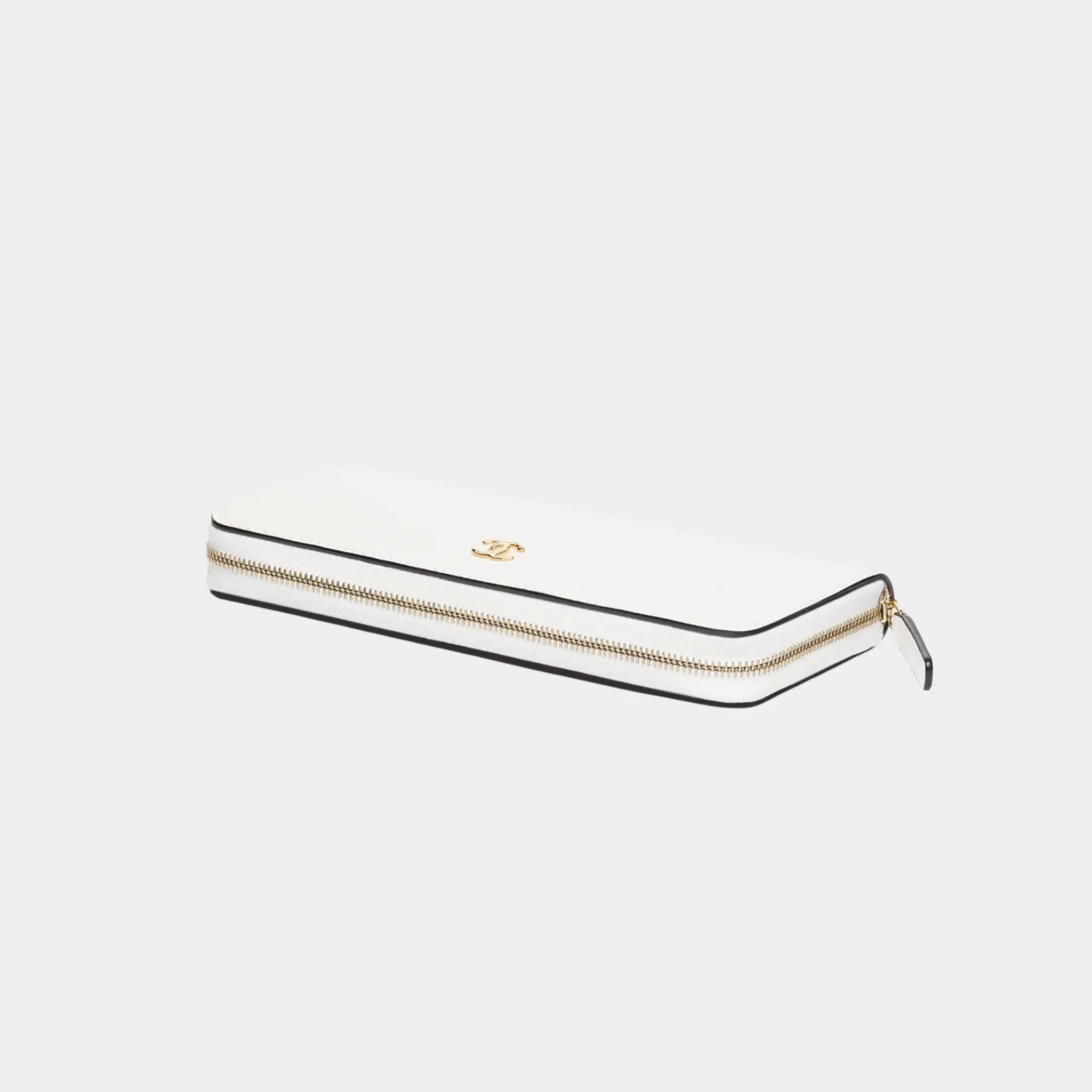 Long Zipped Wallet in White & Black Grained Goatskin & Gold Metal