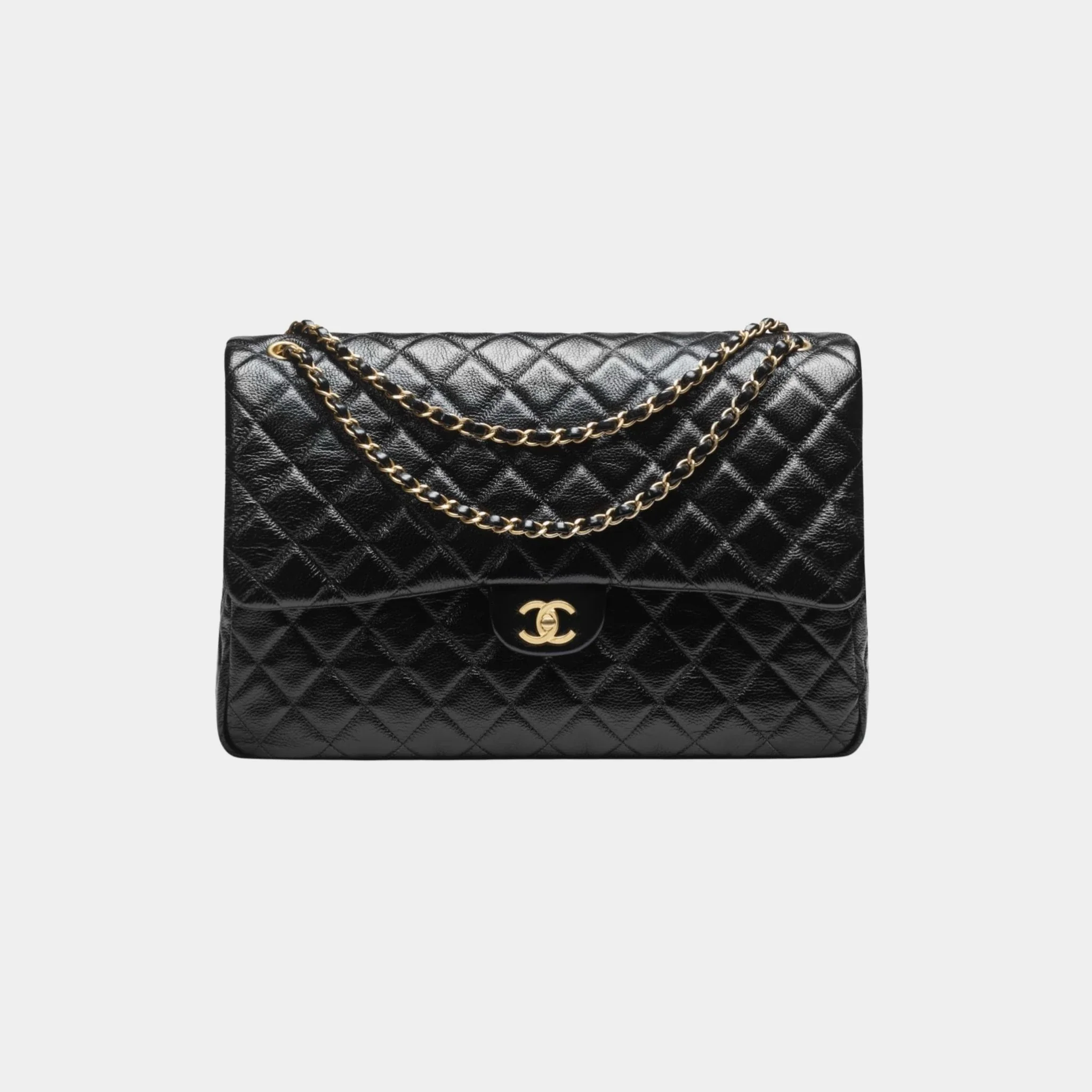 Maxi Flap Bag Grained Shiny Calfskin & Gold Tone Metal Black