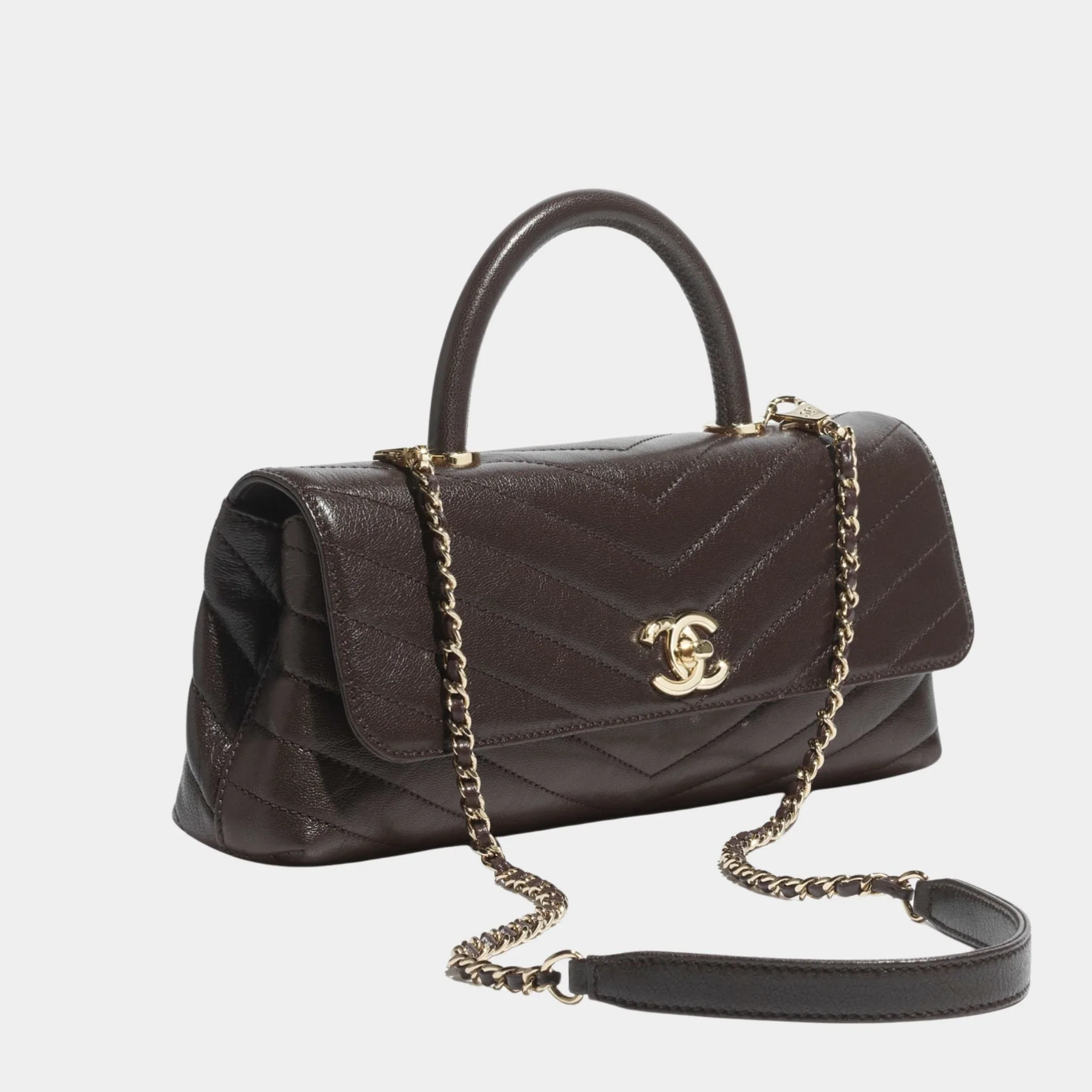 Maxi Flap Bag With Top Handle Leather & Gold Tone Metal - Image 3