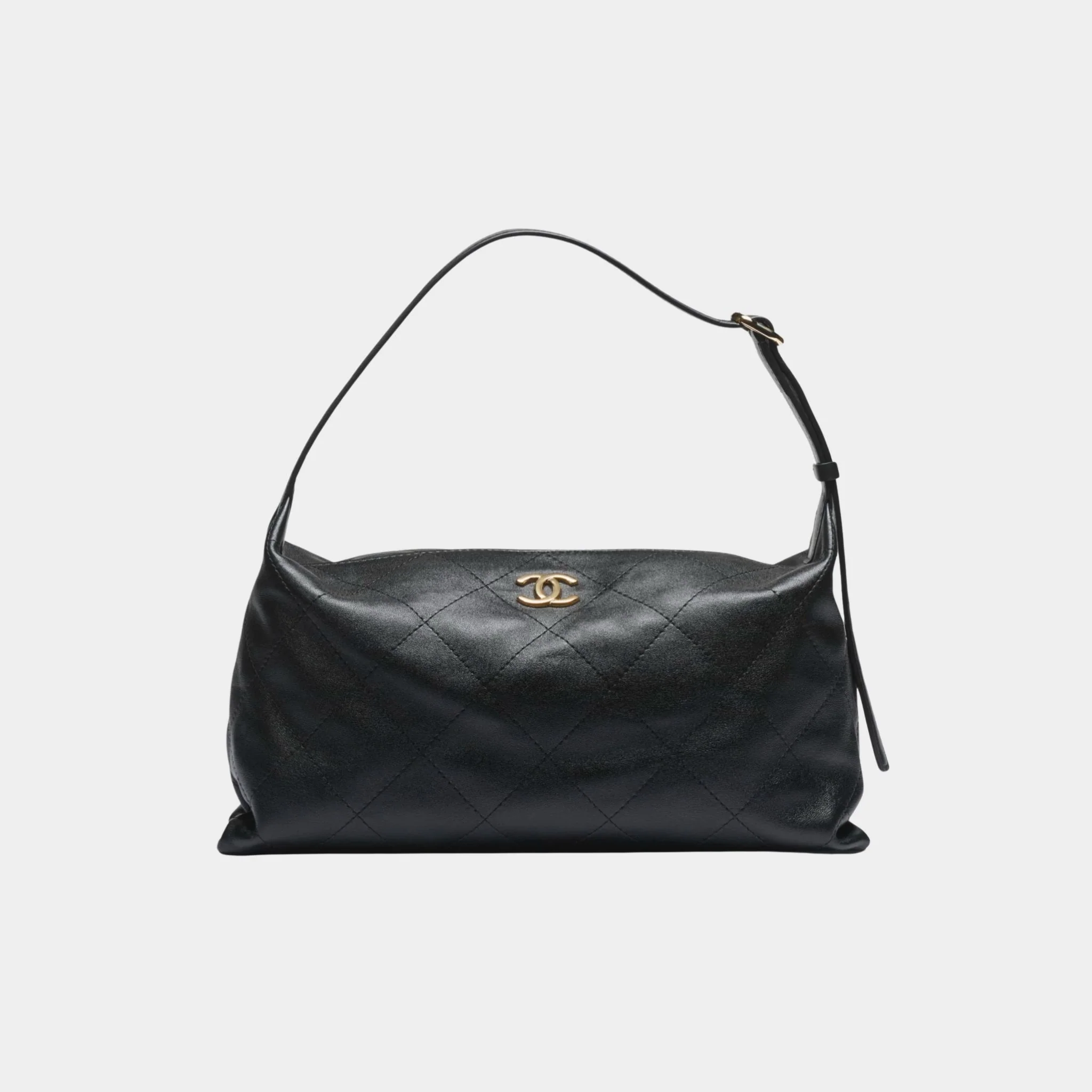 Maxi Hobo Bag Shiny Lambskin & Gold Tone Metal Black