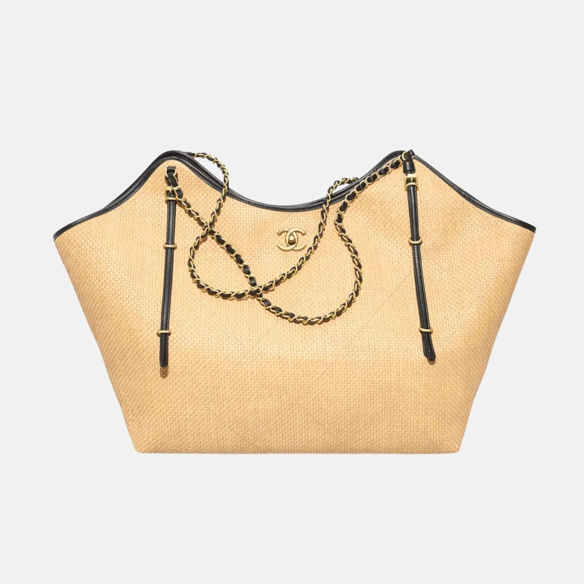 Maxi Shopping Bag Braided Raffia Calfskin in Gold Tone Metal