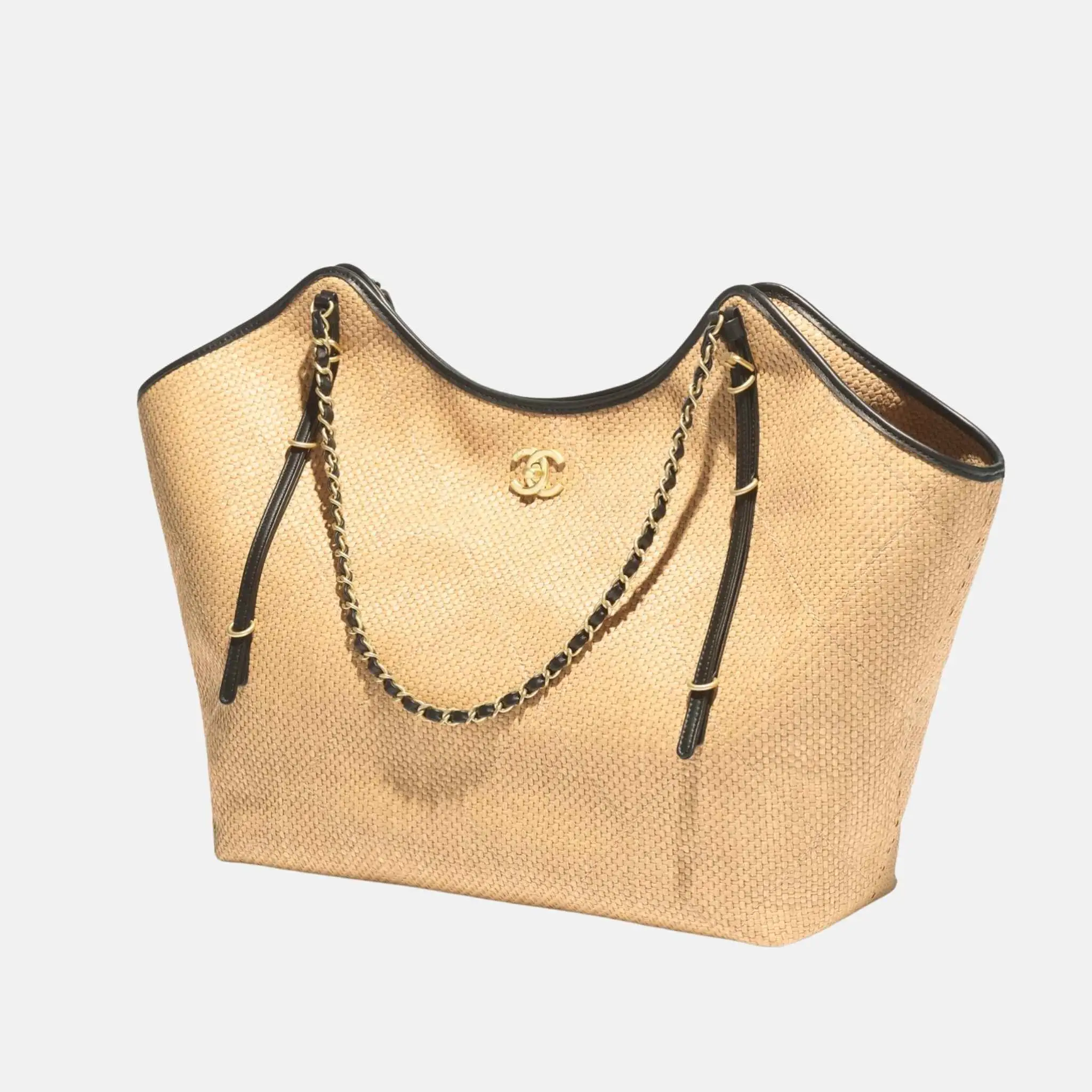 Maxi Shopping Bag Braided Raffia Calfskin in Gold Tone Metal - Image 2