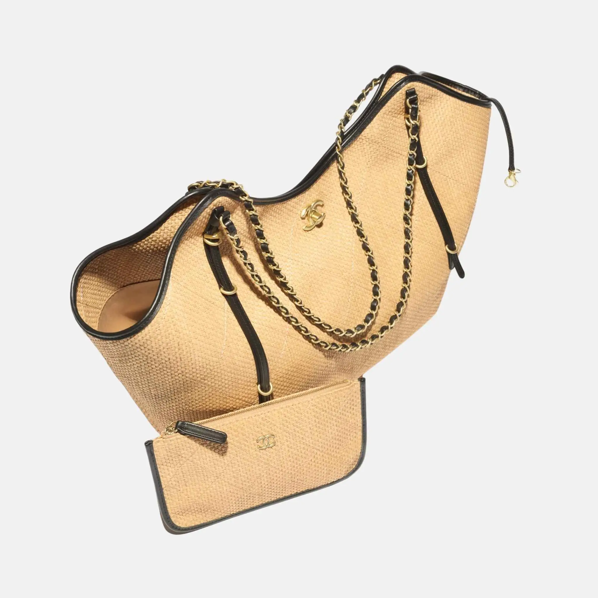 Maxi Shopping Bag Braided Raffia Calfskin in Gold Tone Metal - Image 3