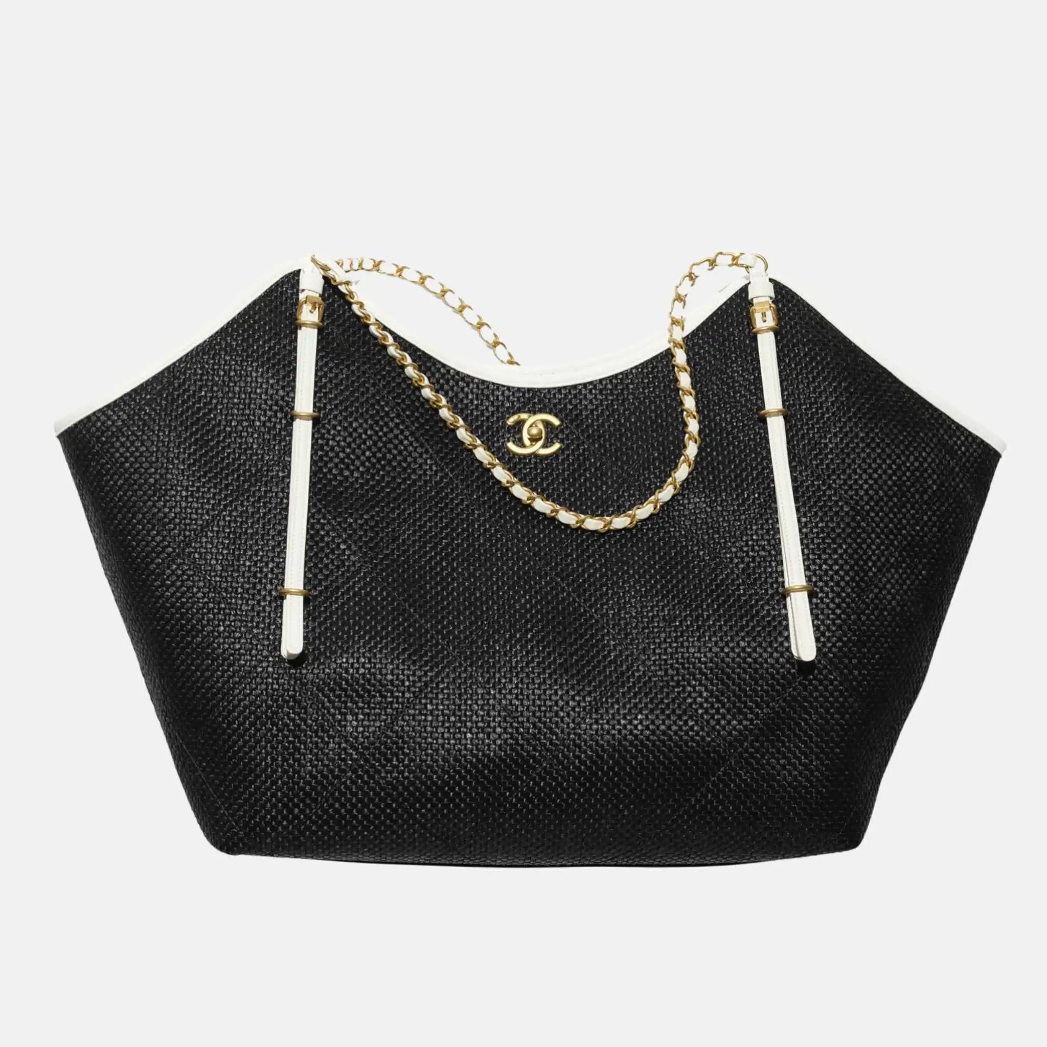 Maxi Shopping Bag Braided Raffia Calfskin in Gold Tone Metal - Image 4