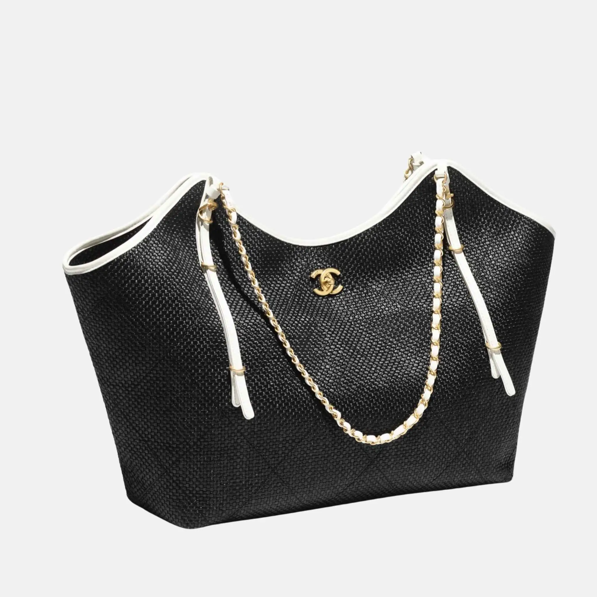 Maxi Shopping Bag Braided Raffia Calfskin in Gold Tone Metal - Image 5