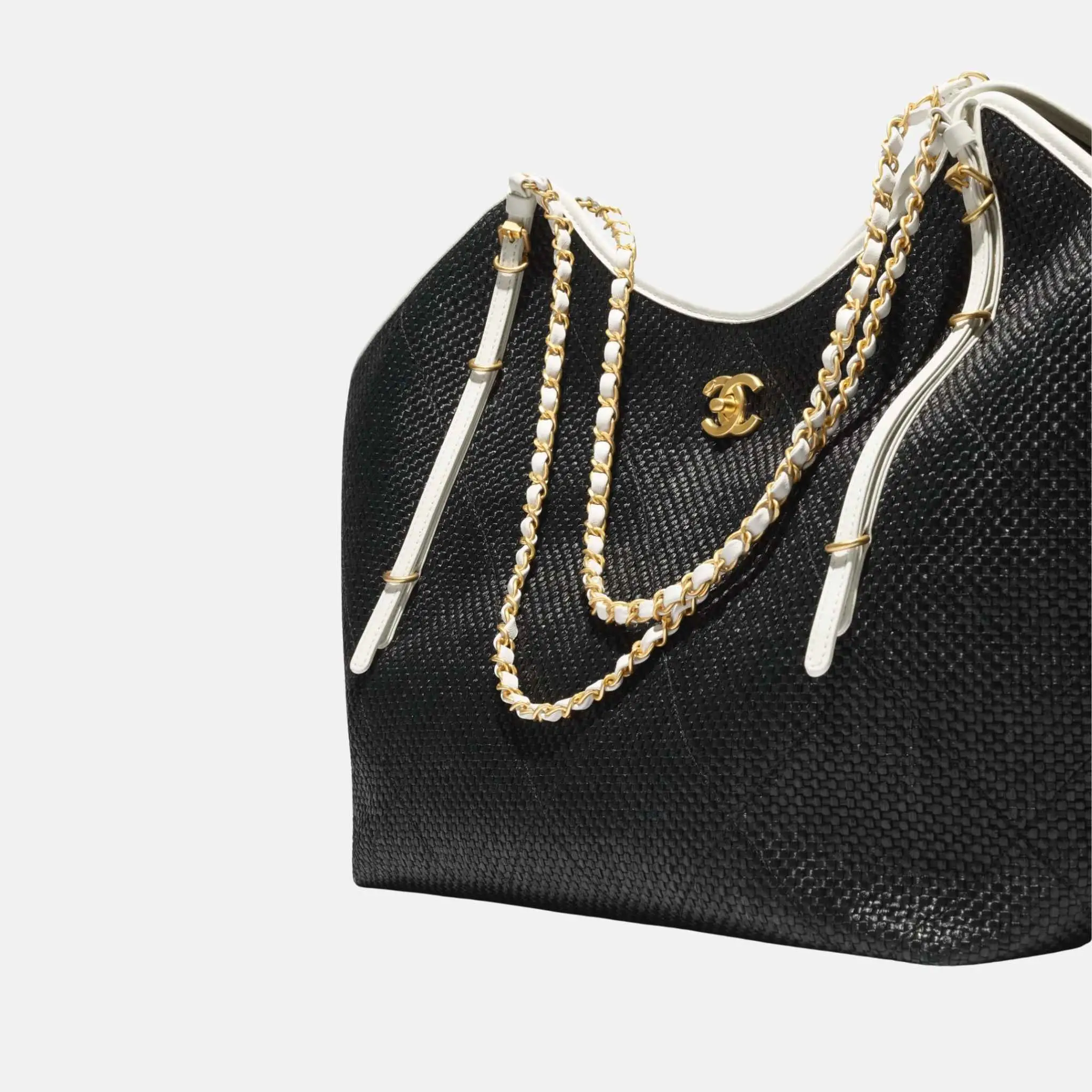 Maxi Shopping Bag Braided Raffia Calfskin in Gold Tone Metal - Image 6