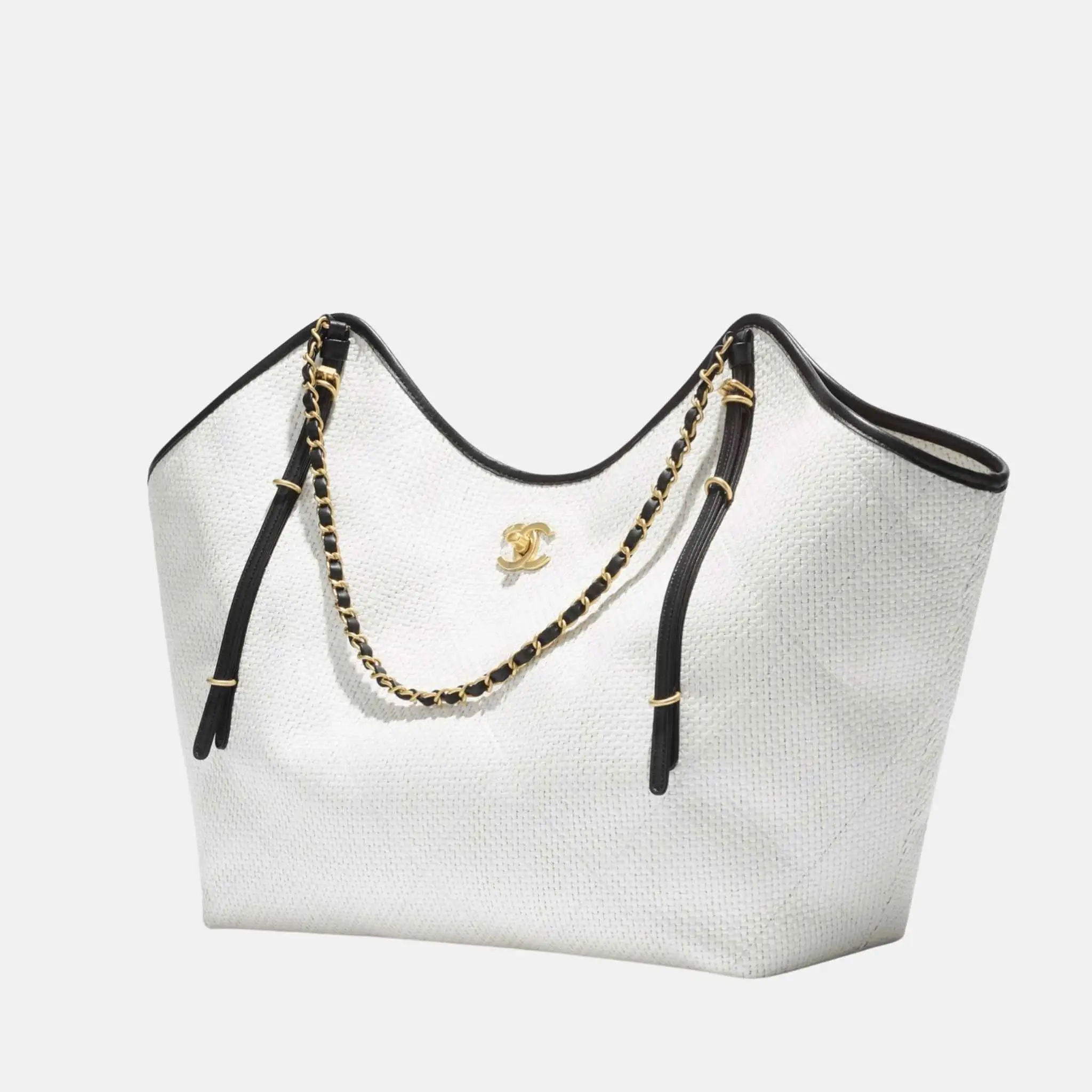 Maxi Shopping Bag Braided Raffia Calfskin in Gold Tone Metal - Image 7