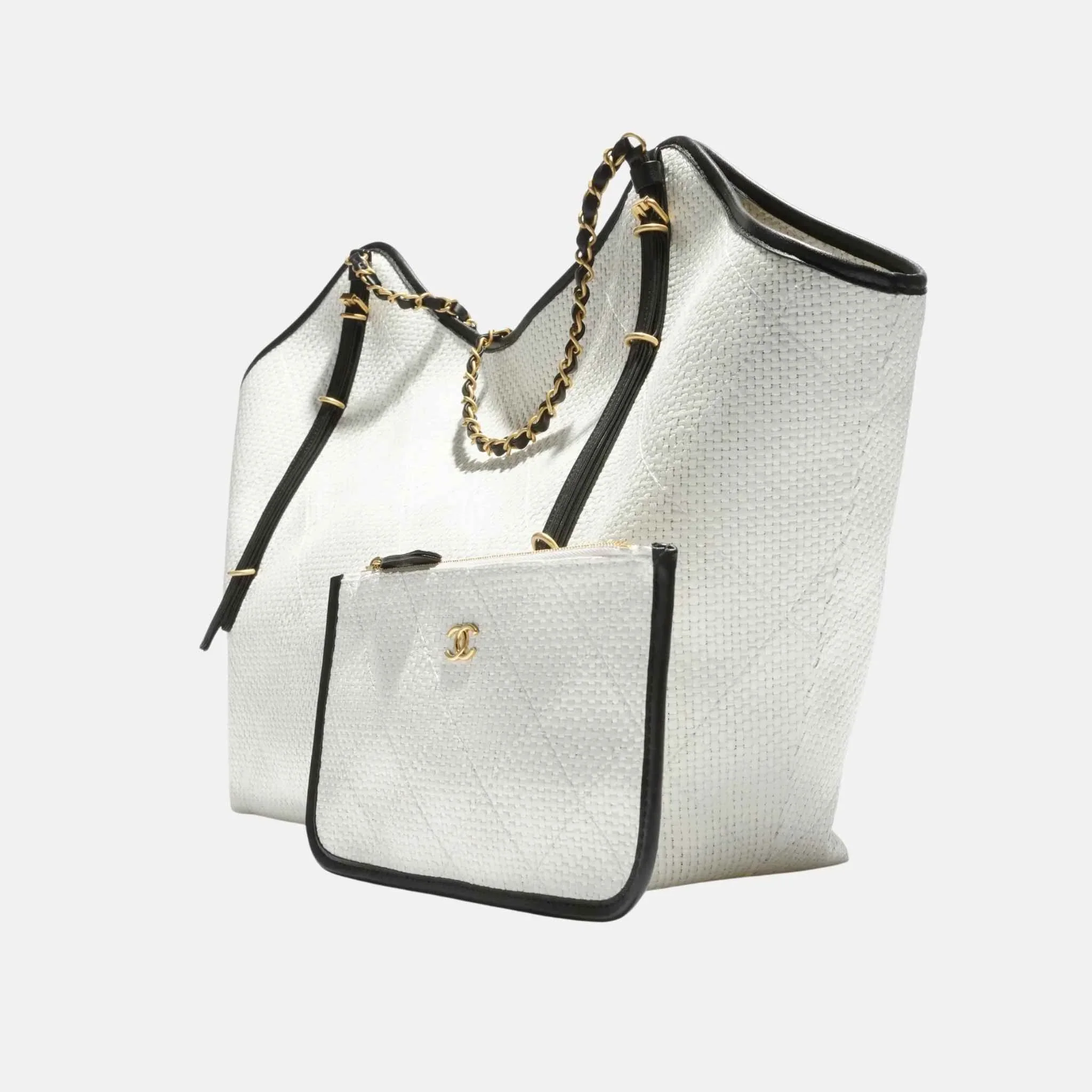 Maxi Shopping Bag Braided Raffia Calfskin in Gold Tone Metal - Image 8
