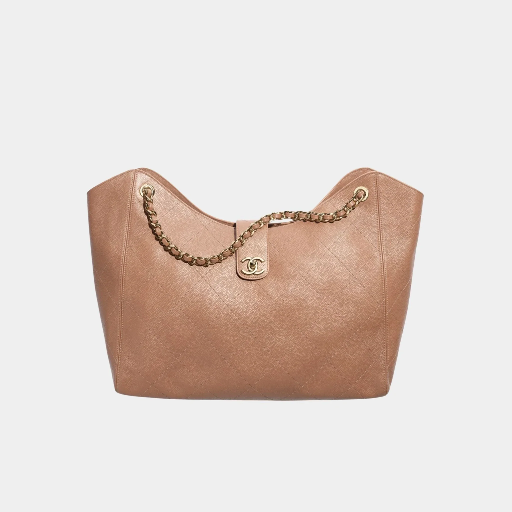 Maxi Shopping Bag Grained Calfskin & Gold Tone Metal Brown