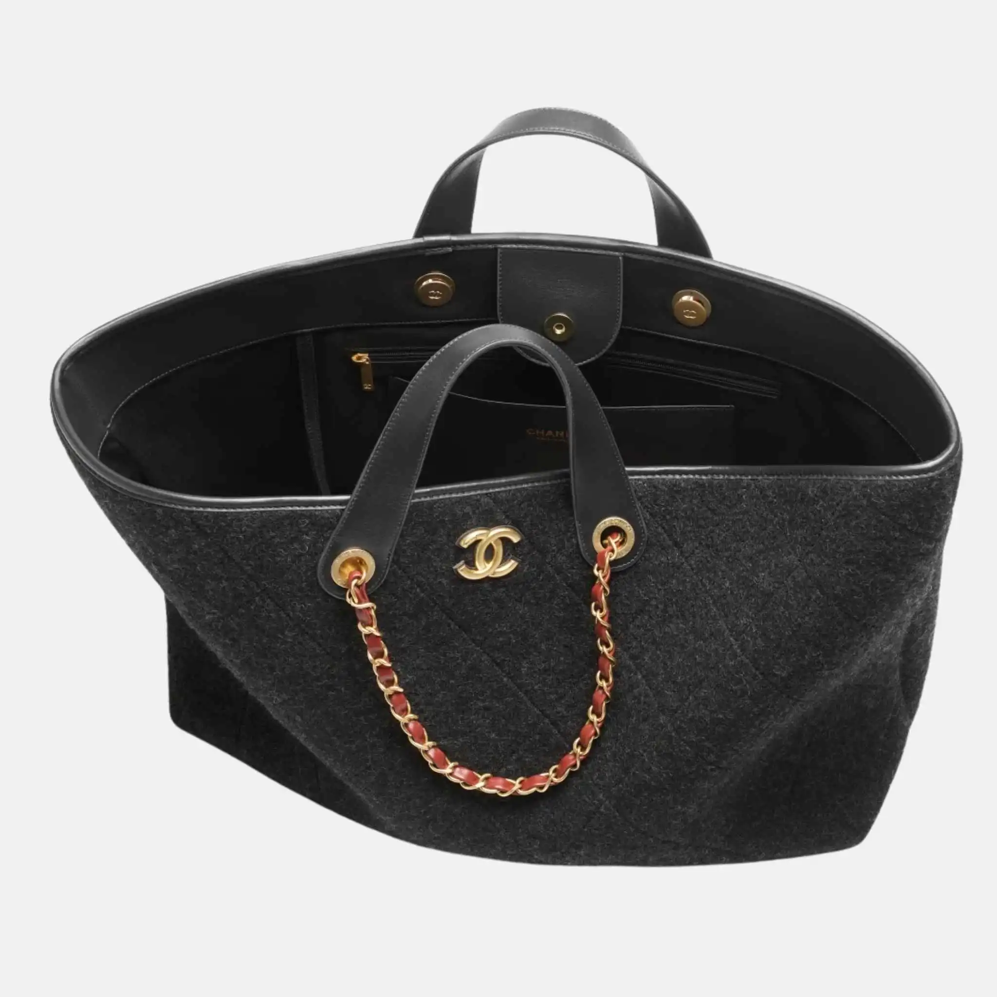 Maxi Shopping Bag Wool Dark Grey Gold Tone Metal - Image 2