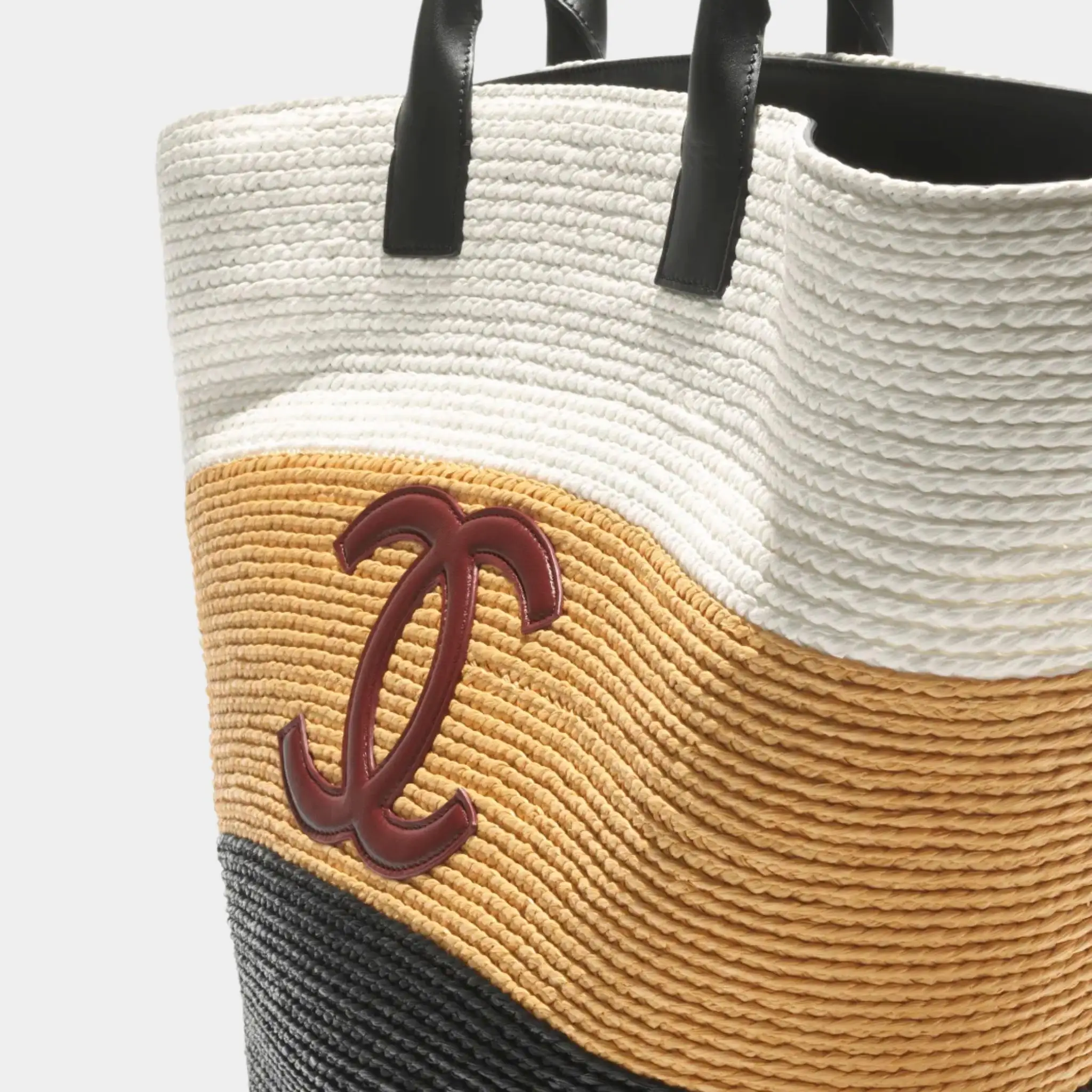 Maxi Tote Bag Braided Raffia & Calfskin White Dark Beige & Black - Image 2