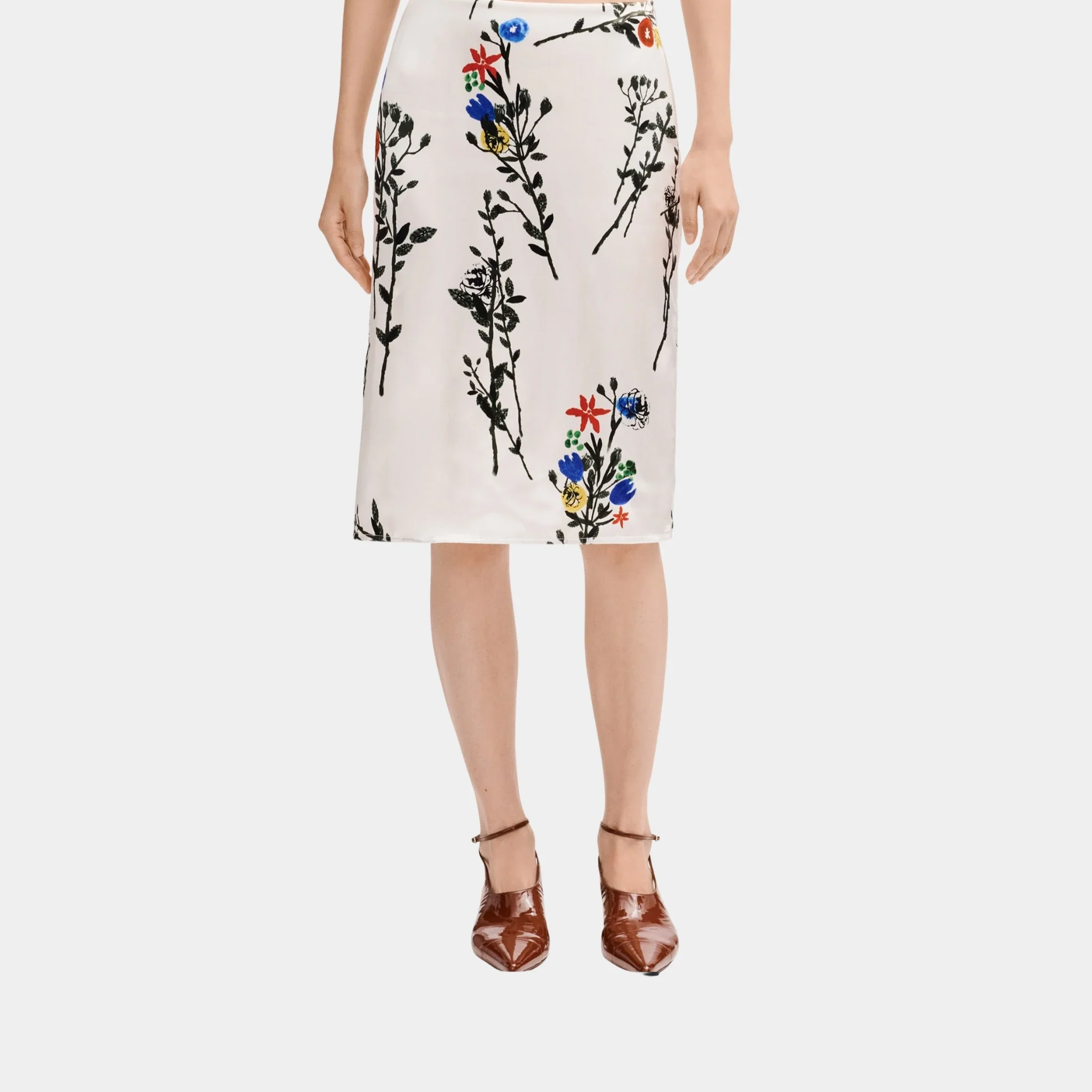 Midi Skirt in White Printed Silk Satin