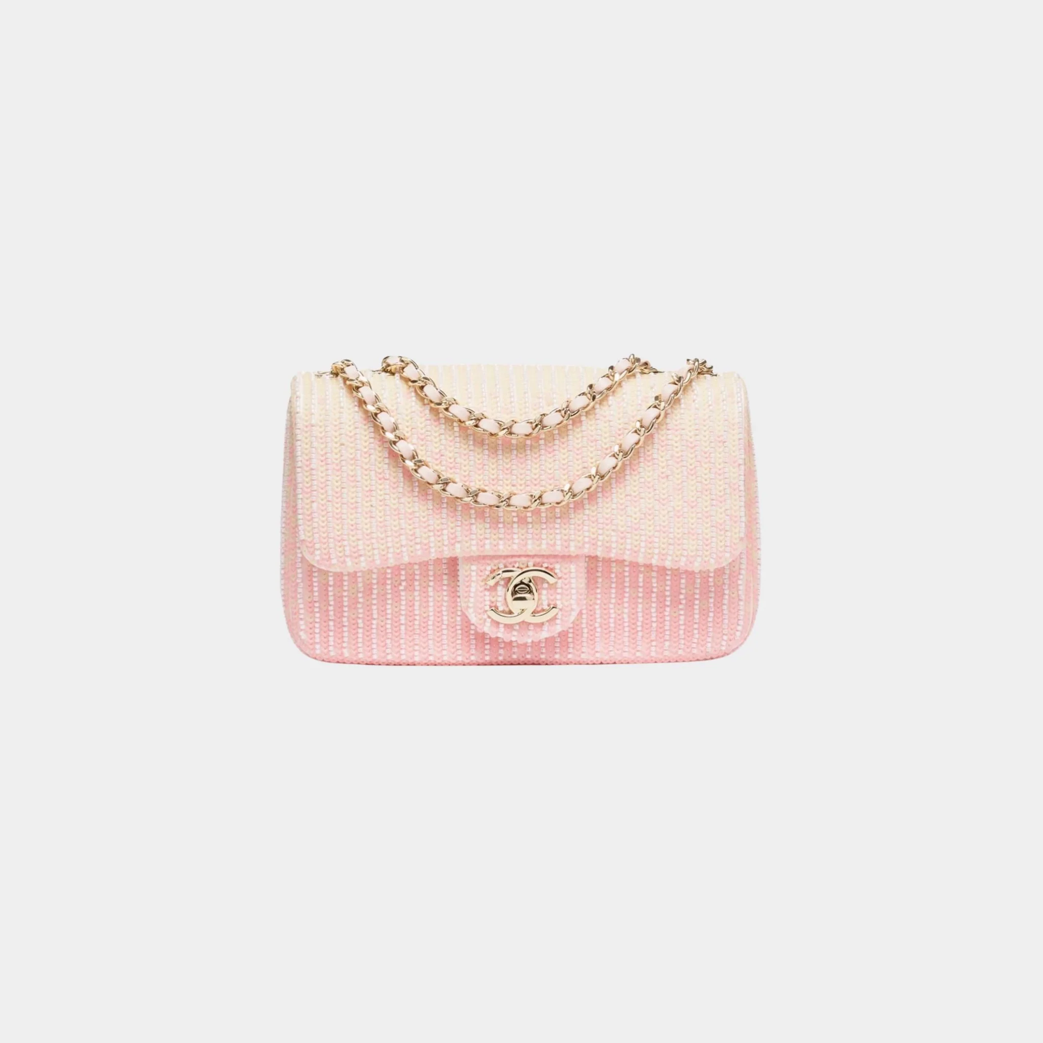 Mini Flap Bag Glass Beads Sequins & Gold Tone Metal Pink & Yellow