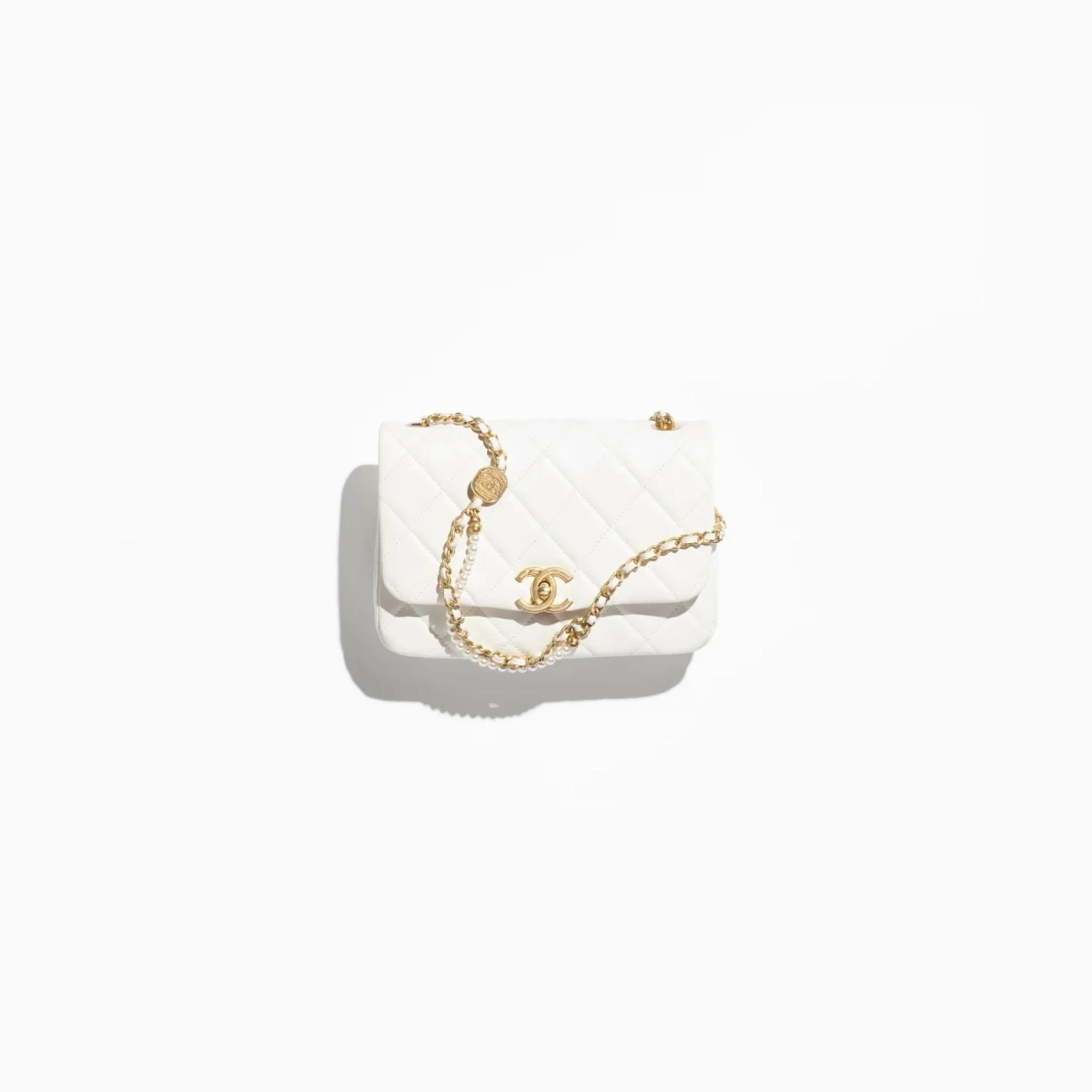 Mini Flap Bag Shiny Lambskin Pearls Gold-Tone Metal White
