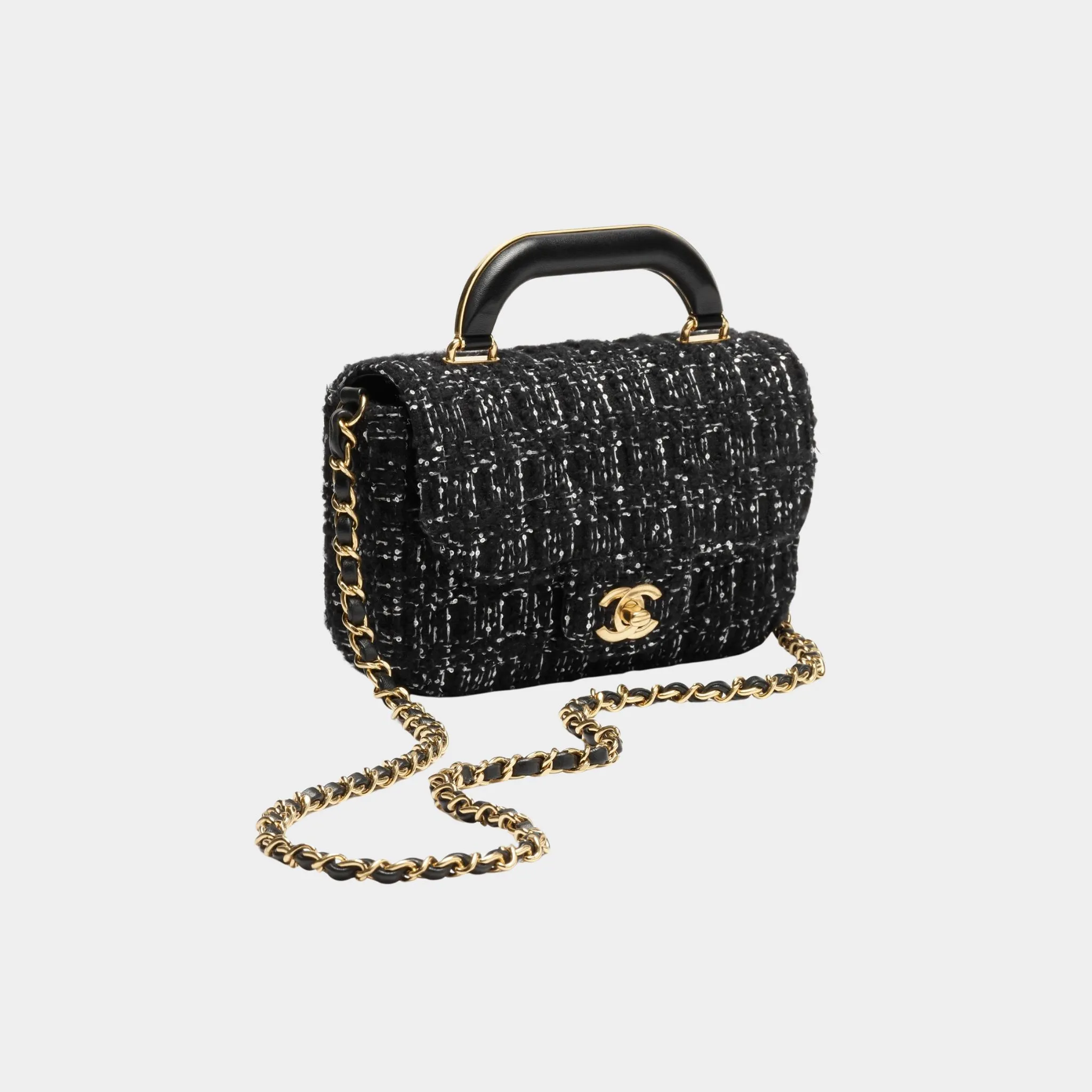 Mini flap Bag With Handle Cashmere Tweed & Gold Metal Black & White