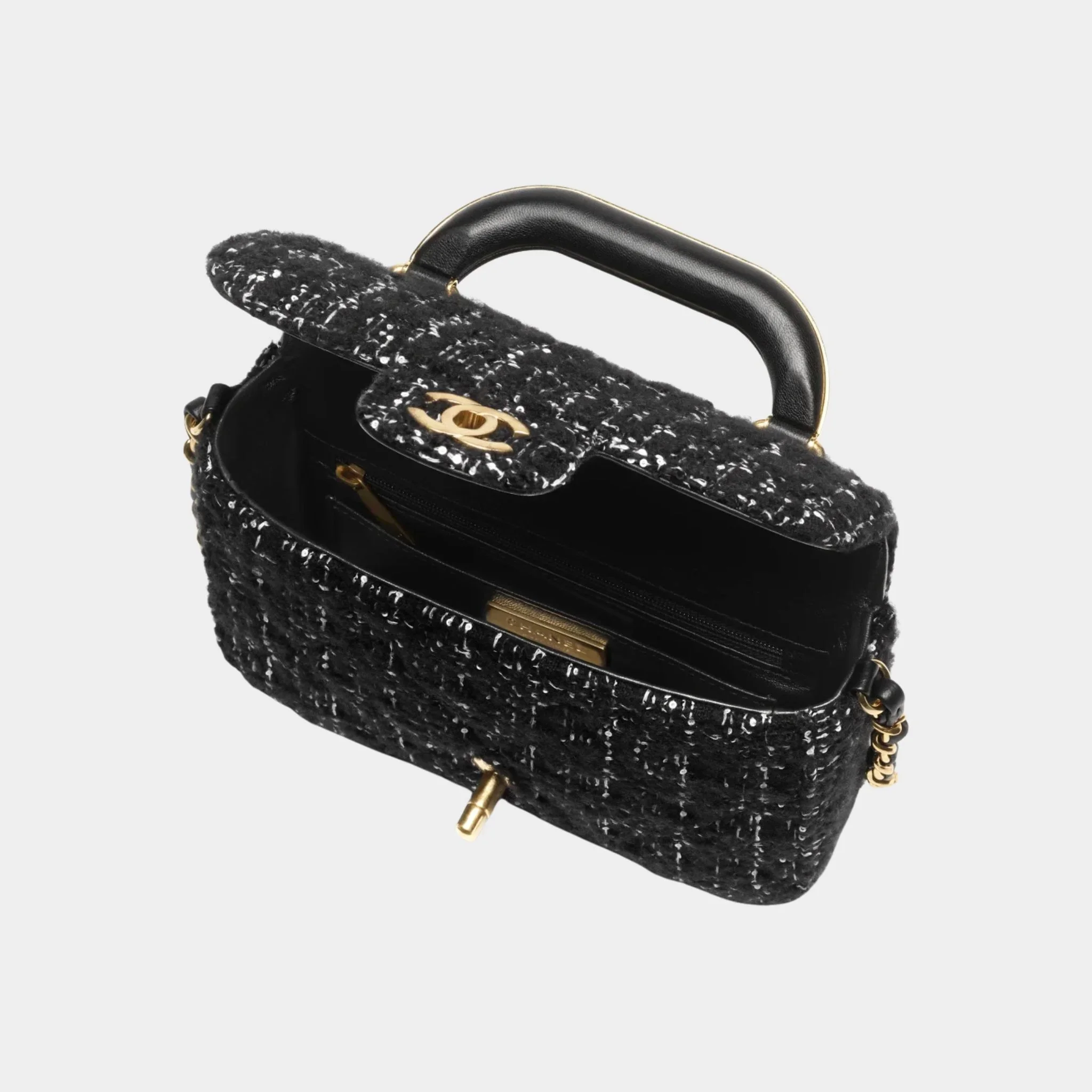 Mini flap Bag With Handle Cashmere Tweed & Gold Metal Black & White - Image 2
