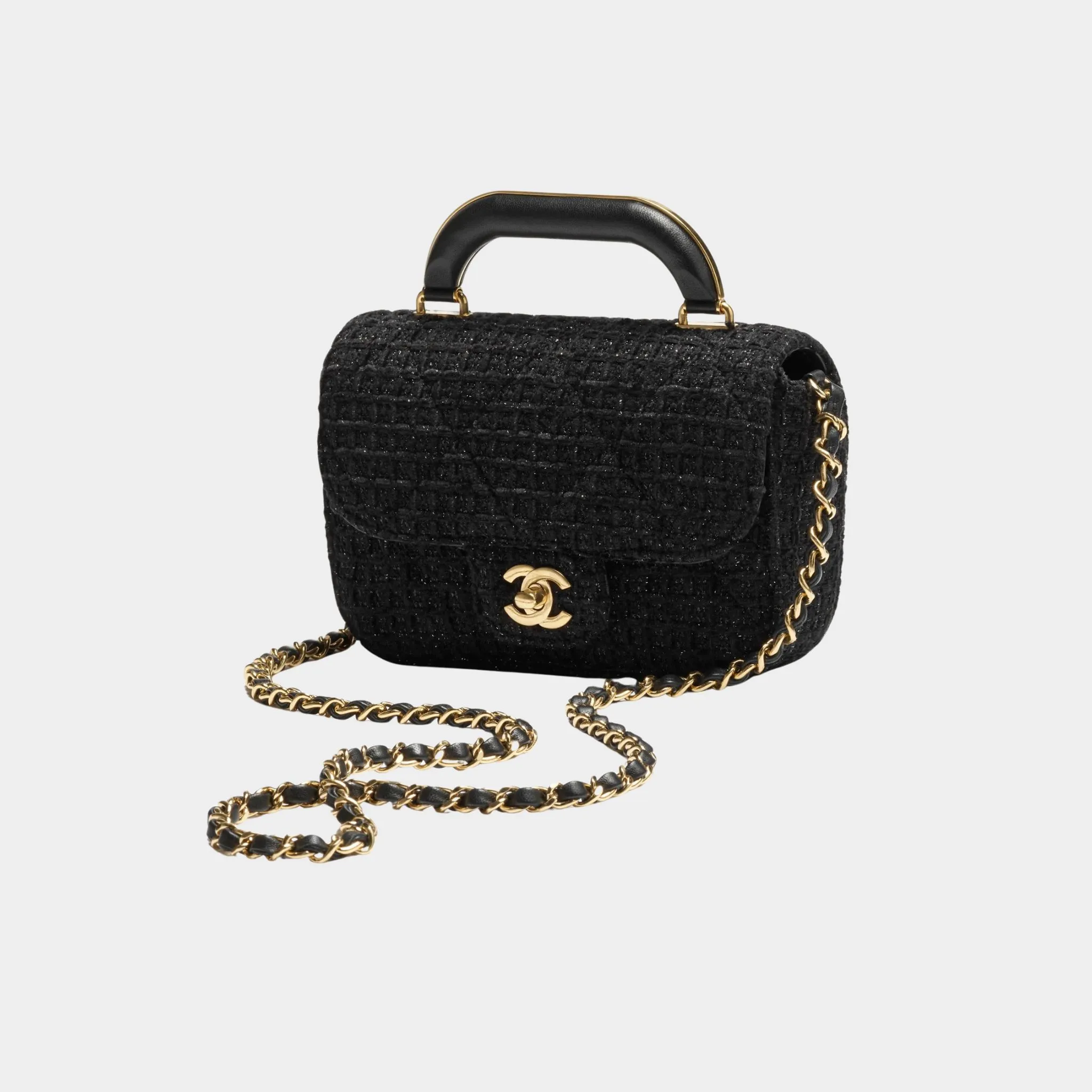 Mini Flap Bag With Handle Cotton Tweed Gold metal Black - Image 2