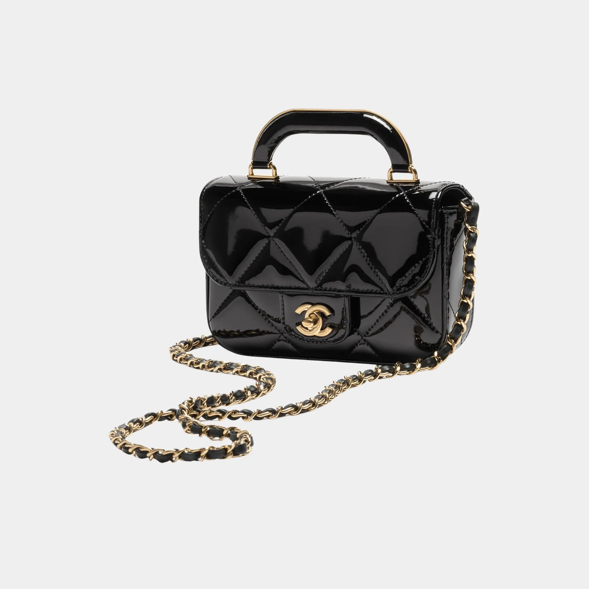Mini Flap Bag With Handle Metallic Mirror Calfskin & Gold Metal Black