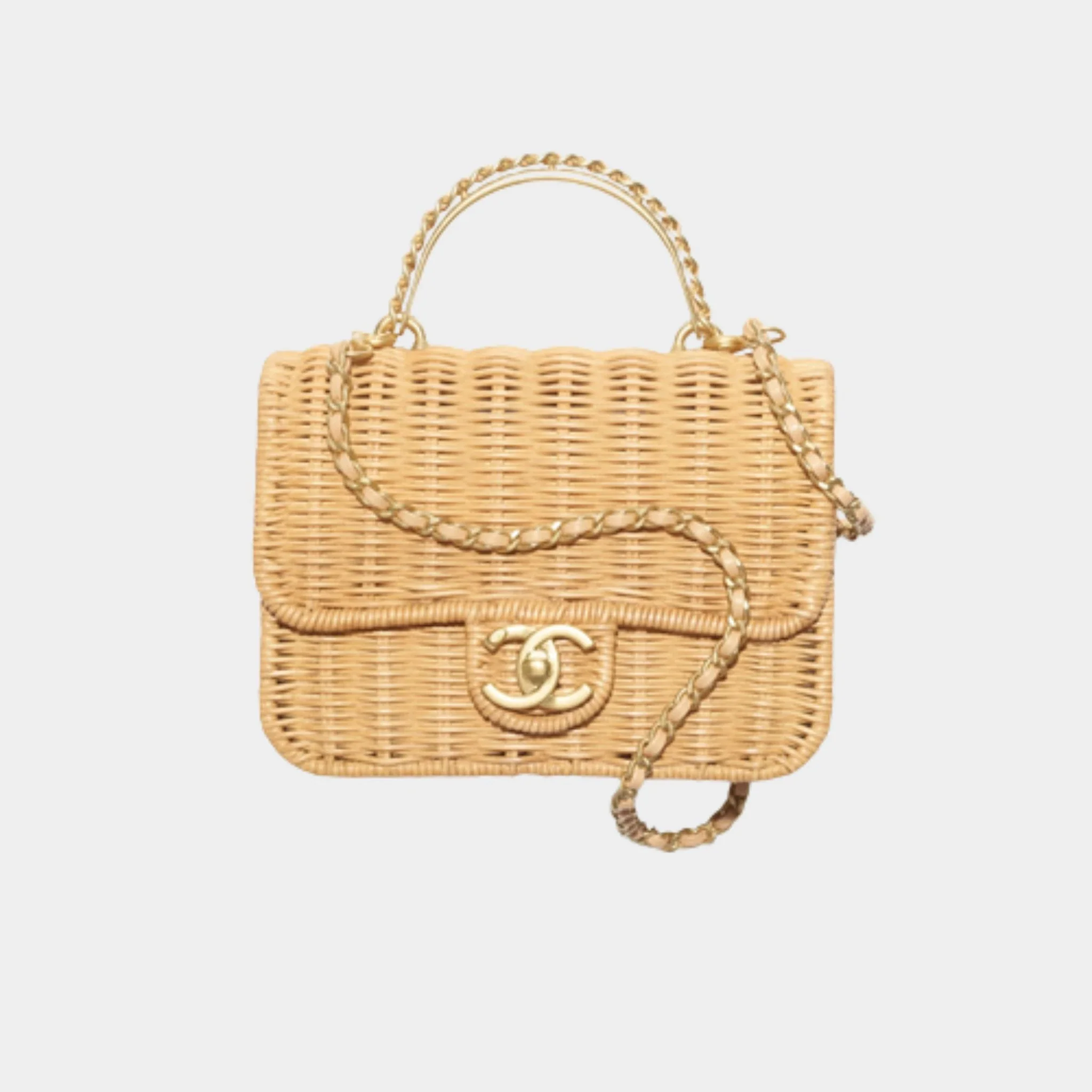 Mini Flap Bag with Top handle Braided Raffia & Gold-Tone Metal